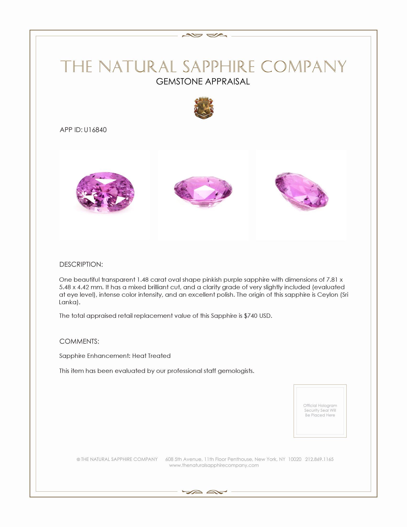 1.48 Ct. Pinkish Purple Sapphire from Ceylon (Sri Lanka)