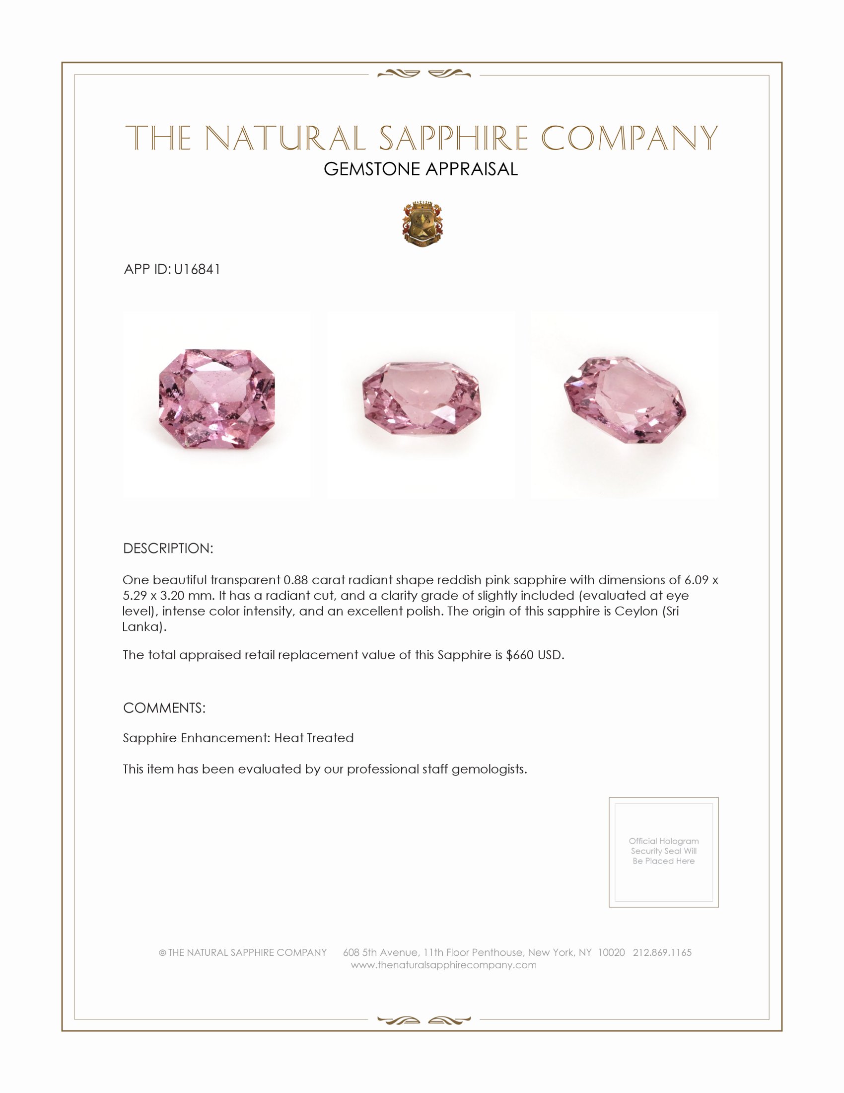 0.88 Ct. Reddish Pink Sapphire from Ceylon (Sri Lanka)