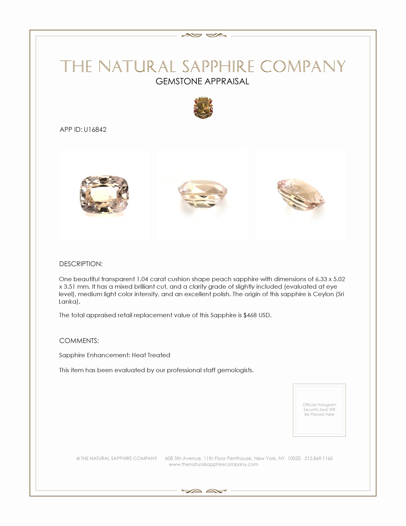 1.04 Ct. Peach Sapphire from Ceylon (Sri Lanka)