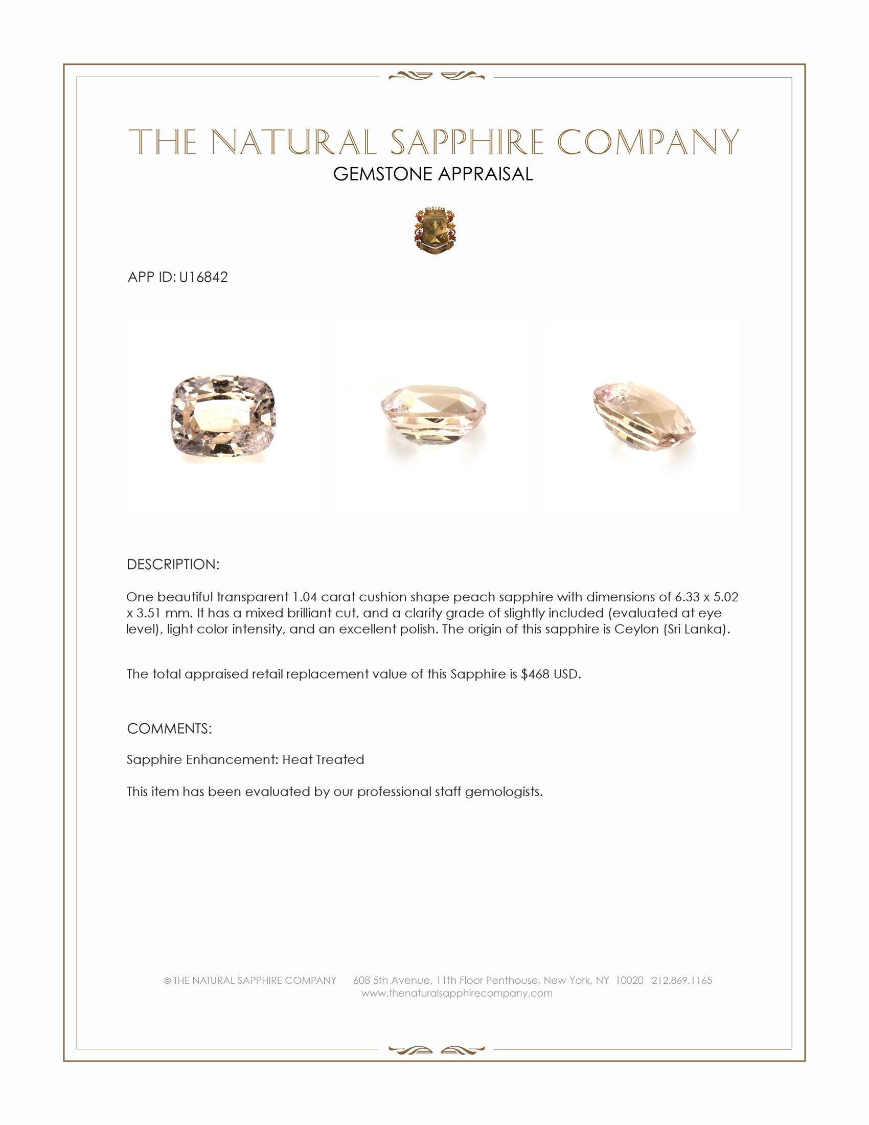 1.04 Ct. Peach Sapphire from Ceylon (Sri Lanka)