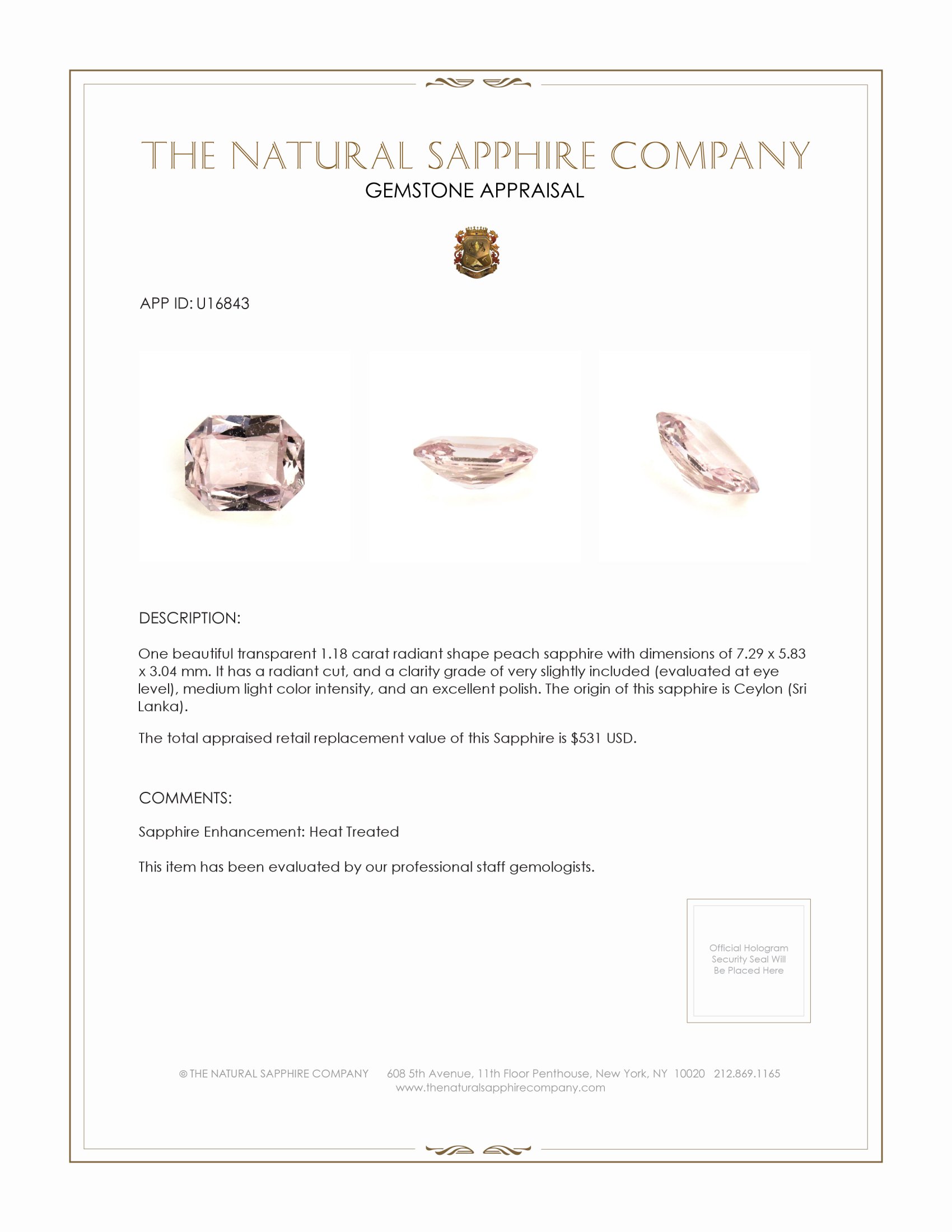 1.18 Ct. Peach Sapphire from Ceylon (Sri Lanka)