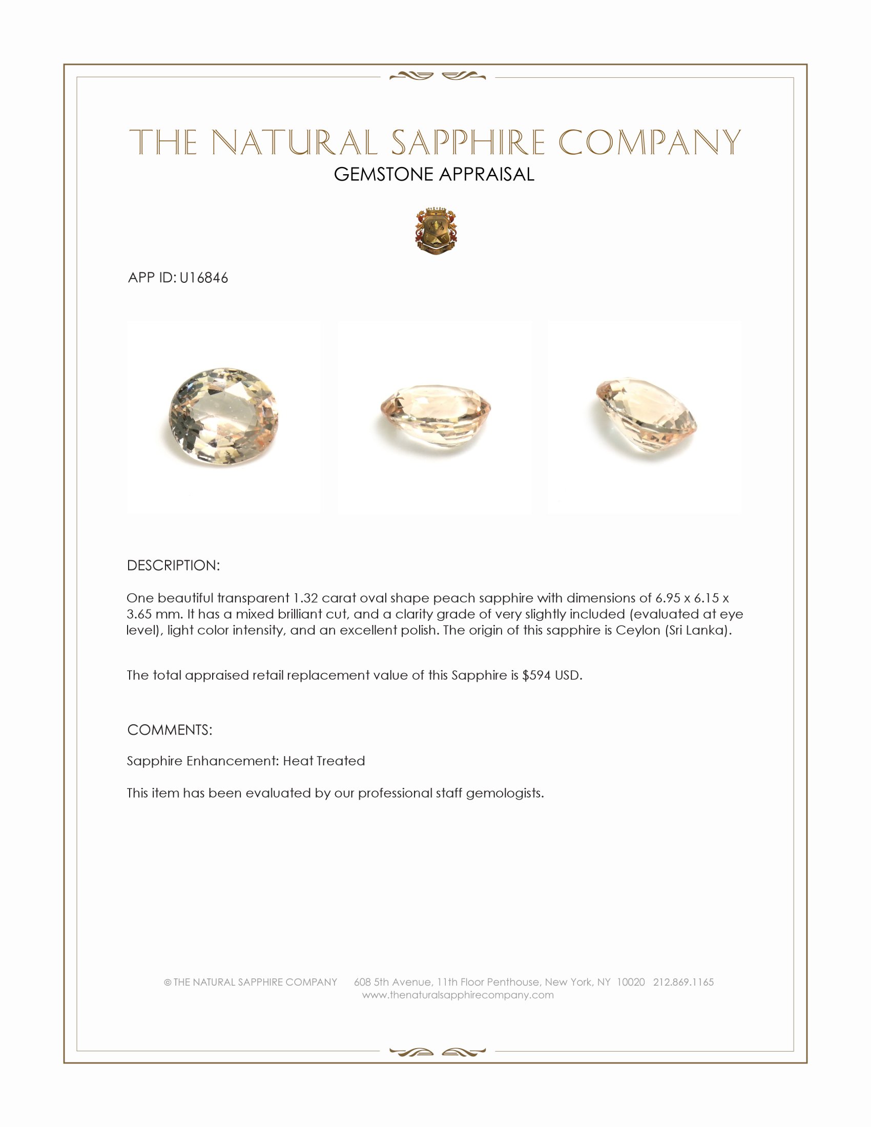 1.32 Ct. Peach Sapphire from Ceylon (Sri Lanka)