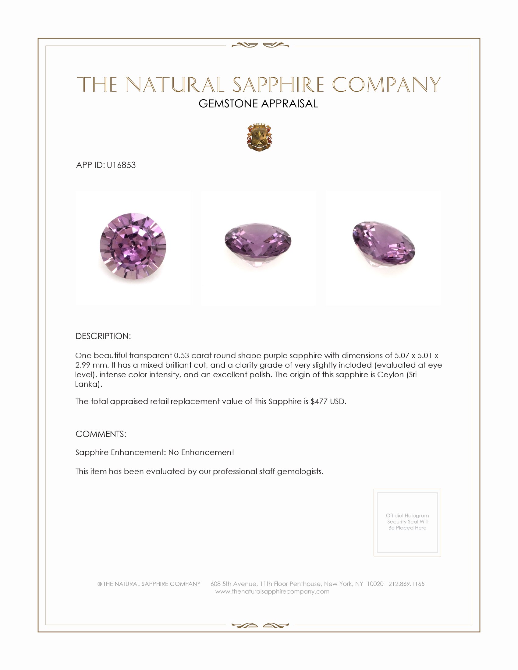0.53 Ct. Purple Sapphire from Ceylon (Sri Lanka)