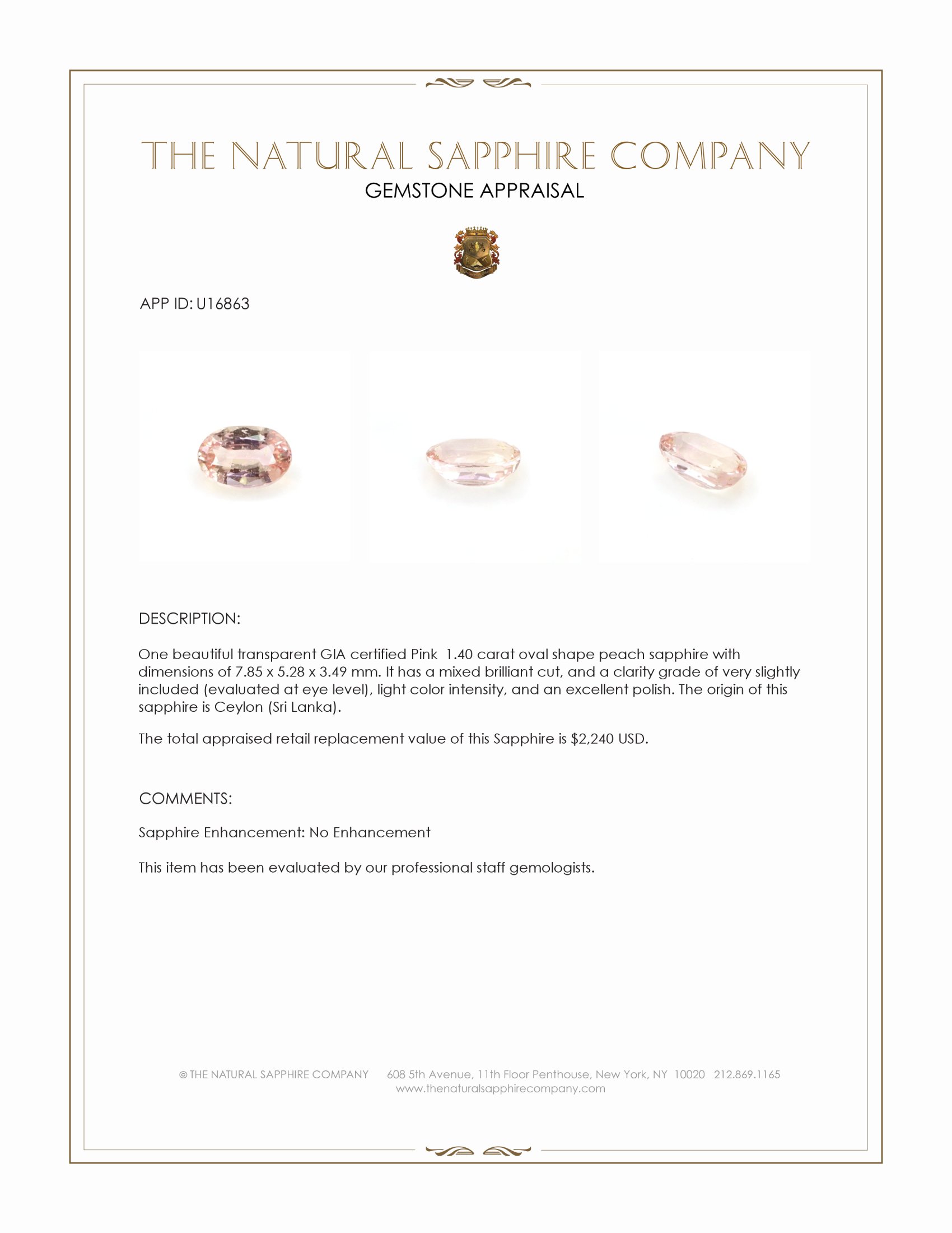 1.40 Ct. Peach Sapphire from Ceylon (Sri Lanka)