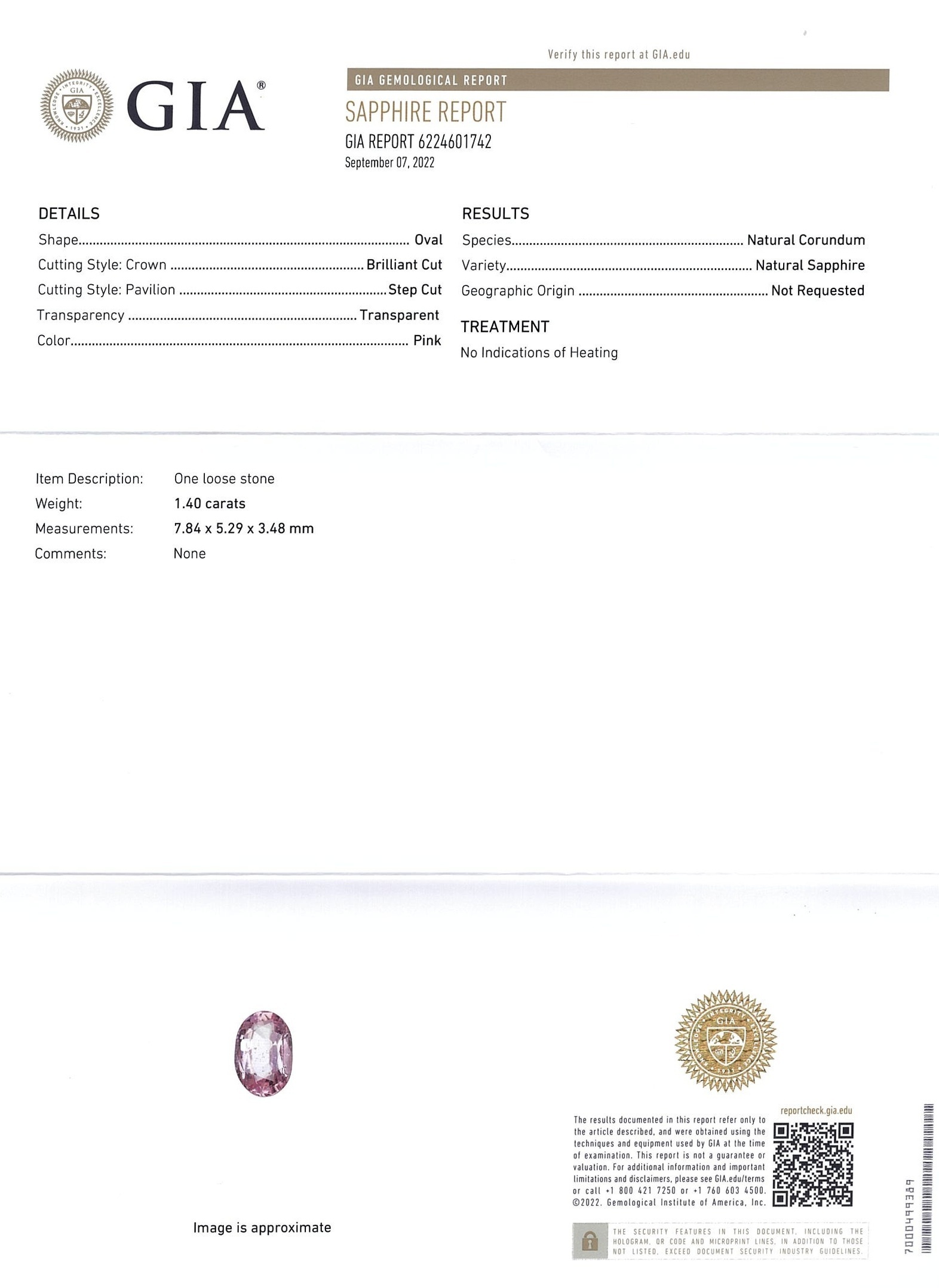 1.40 Ct. Peach Sapphire from Ceylon (Sri Lanka)