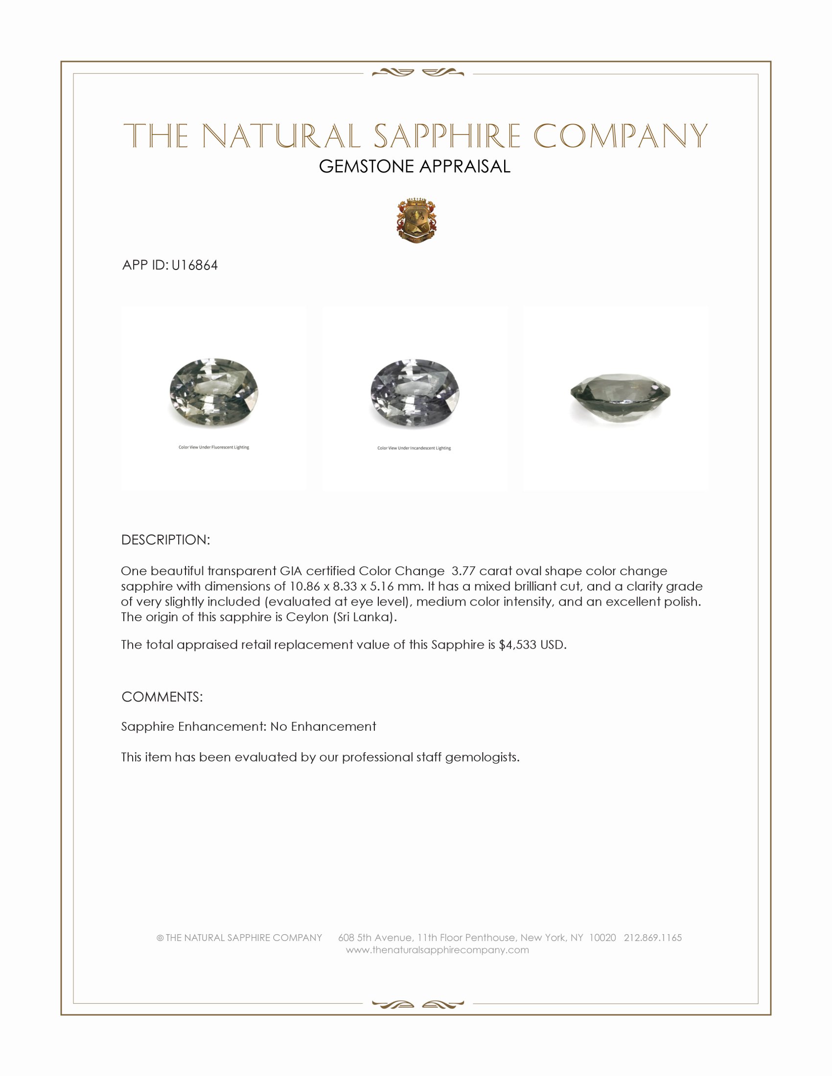 3.77 Ct. Color Change Sapphire from Ceylon (Sri Lanka)