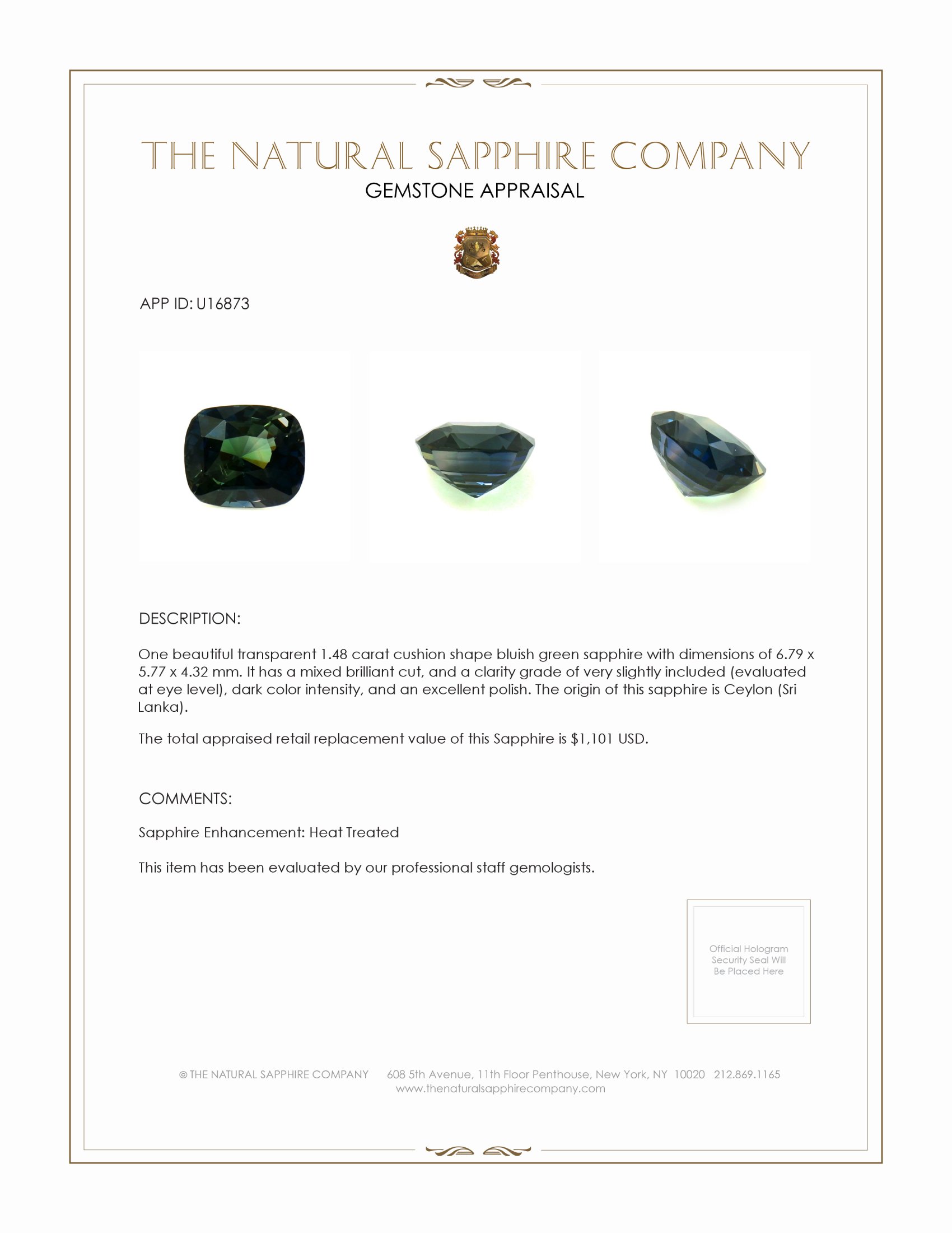 1.48 Ct. Bluish Green Sapphire from Ceylon (Sri Lanka)