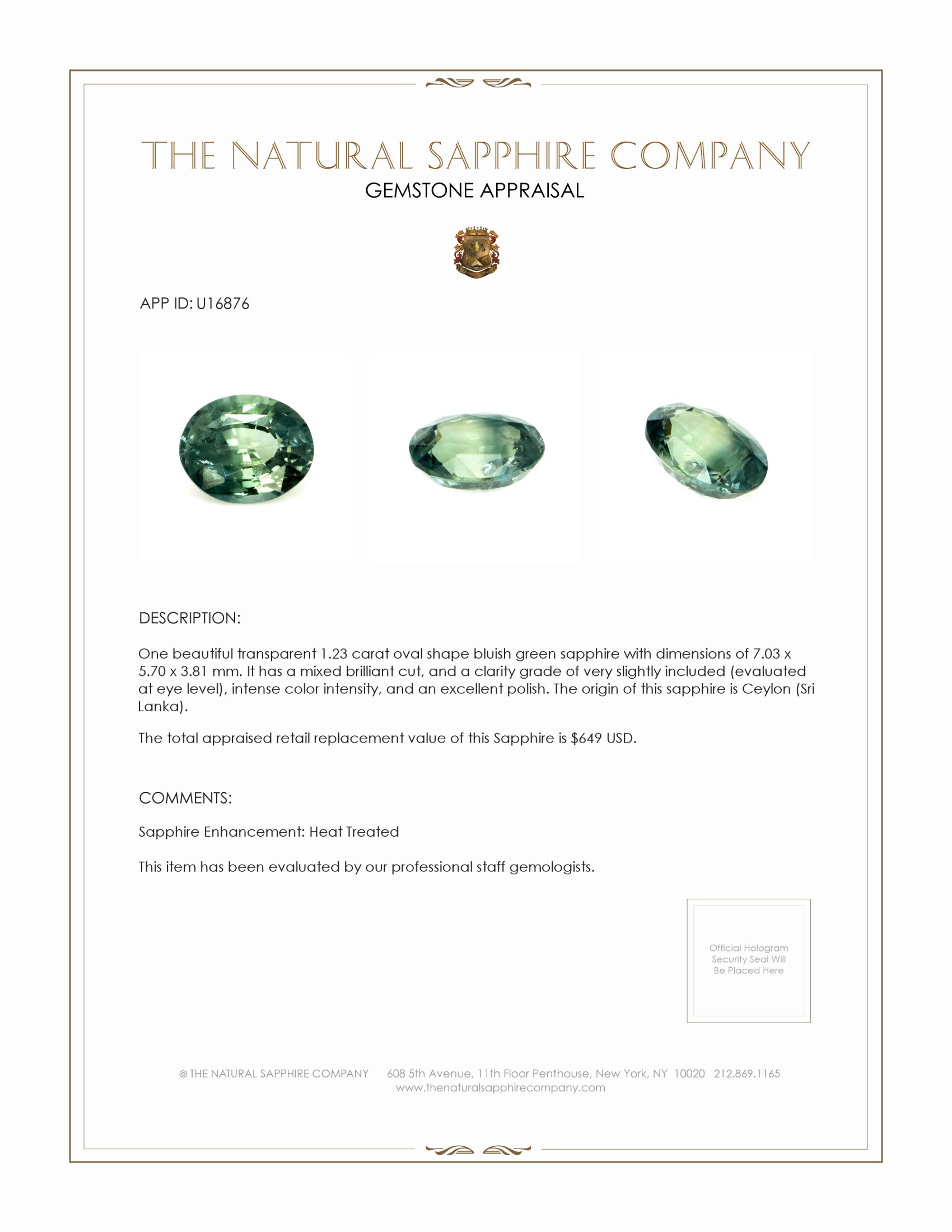 1.23 Ct. Bluish Green Sapphire from Ceylon (Sri Lanka)