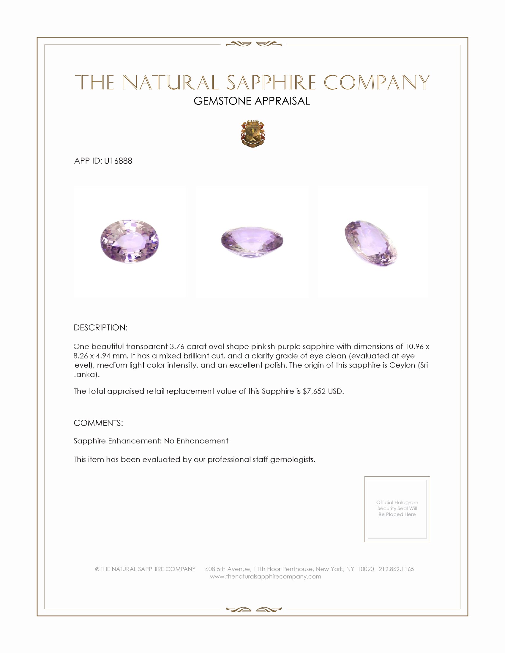 3.76 Ct. Pinkish Purple Sapphire from Ceylon (Sri Lanka)