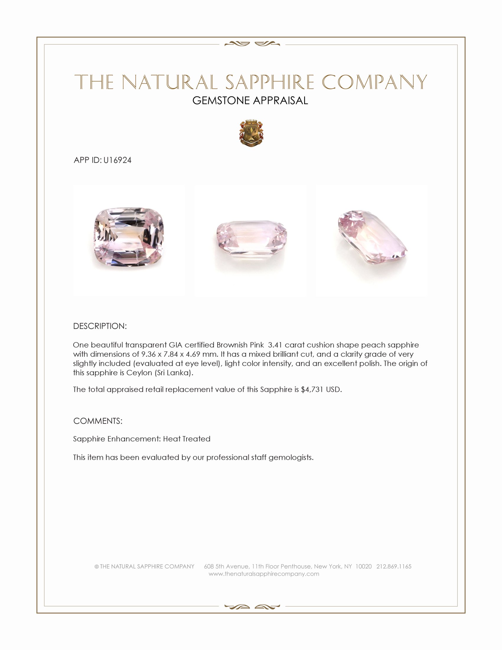 3.41 Ct. Peach Sapphire from Ceylon (Sri Lanka)