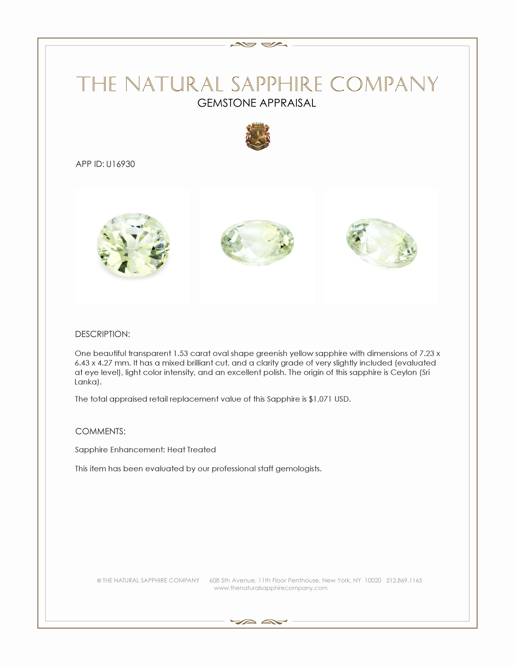 1.53 Ct. Greenish Yellow Sapphire from Ceylon (Sri Lanka)