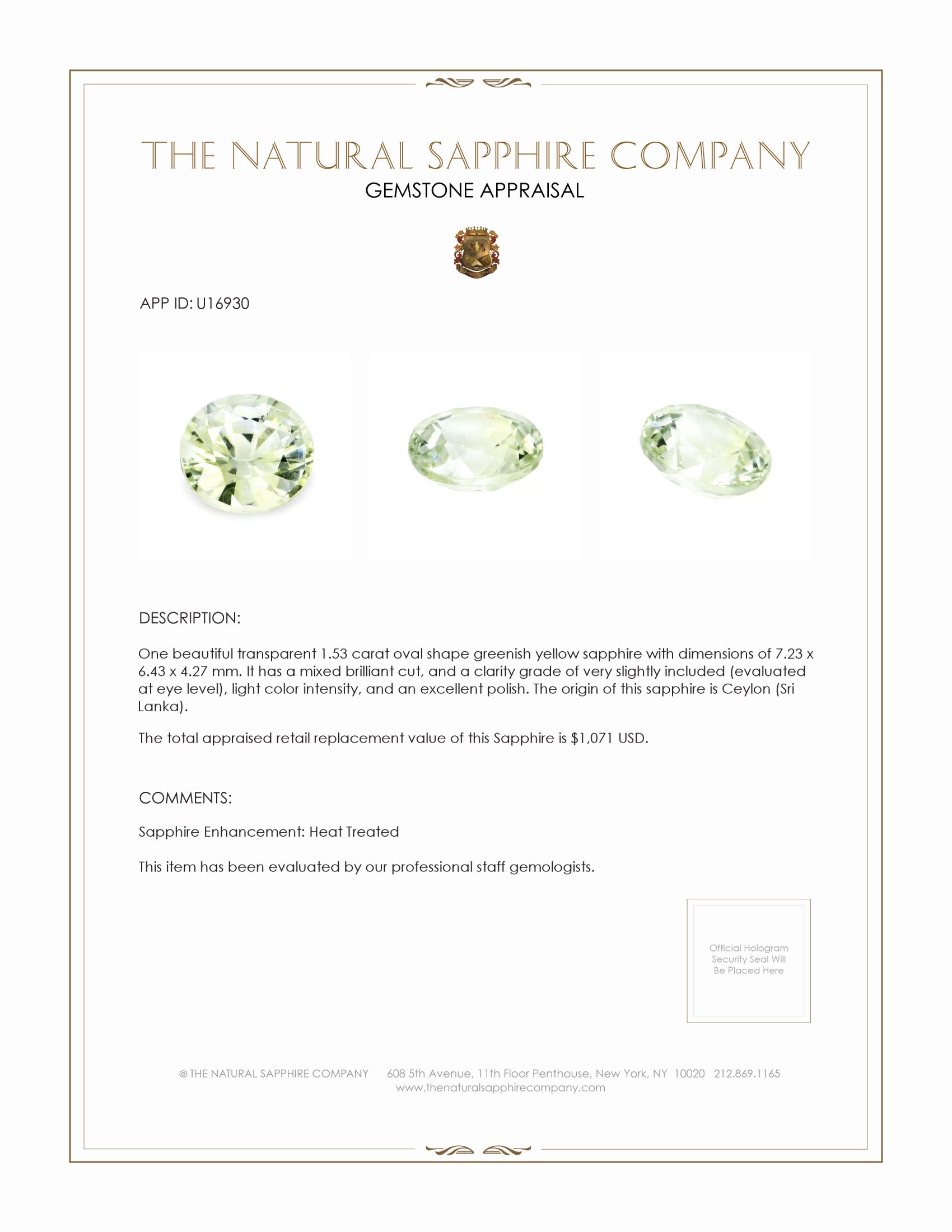 1.53 Ct. Greenish Yellow Sapphire from Ceylon (Sri Lanka)
