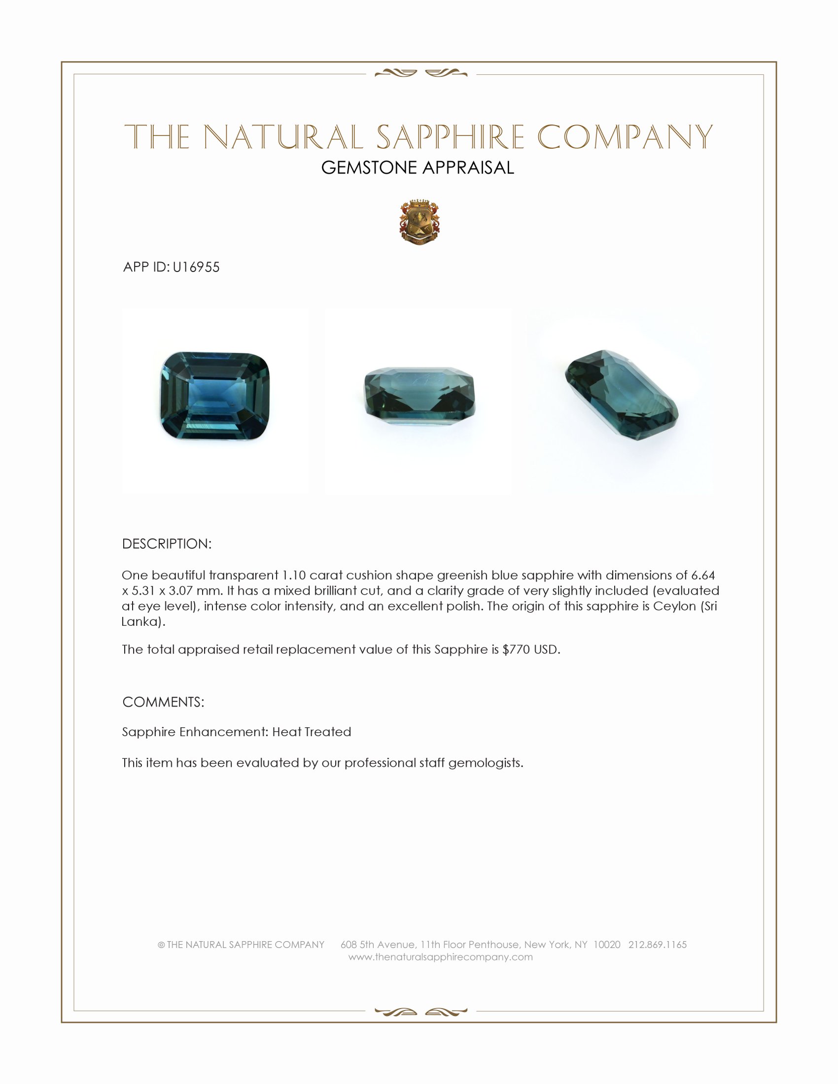 1.10 Ct. Greenish Blue Sapphire from Ceylon (Sri Lanka)