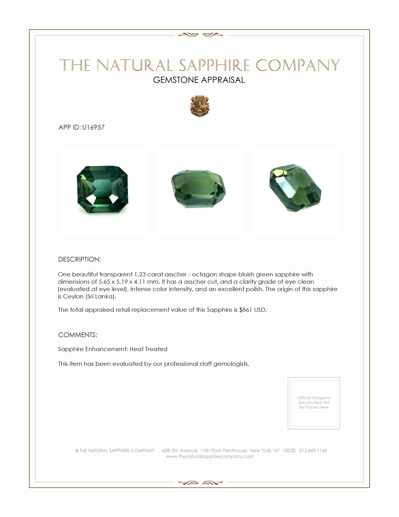 1.23 Ct. Bluish Green Sapphire from Ceylon (Sri Lanka)