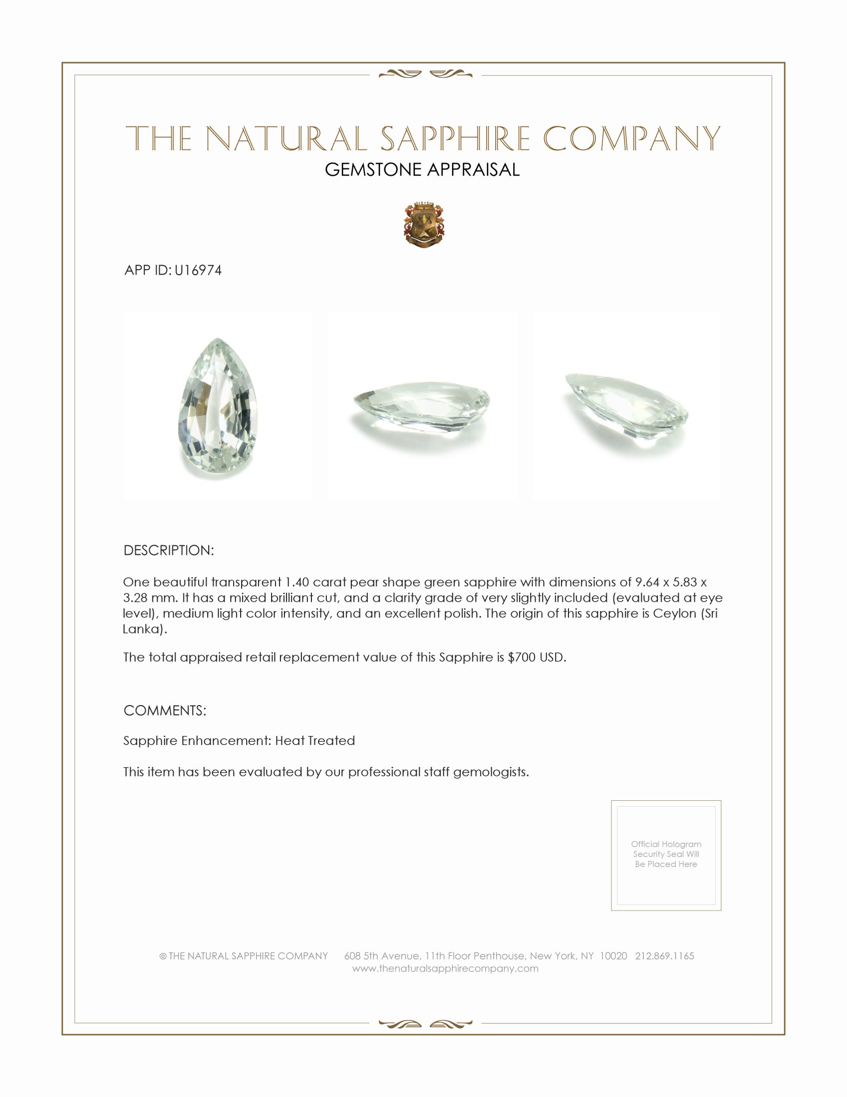 1.40 Ct. Green Sapphire from Ceylon (Sri Lanka)