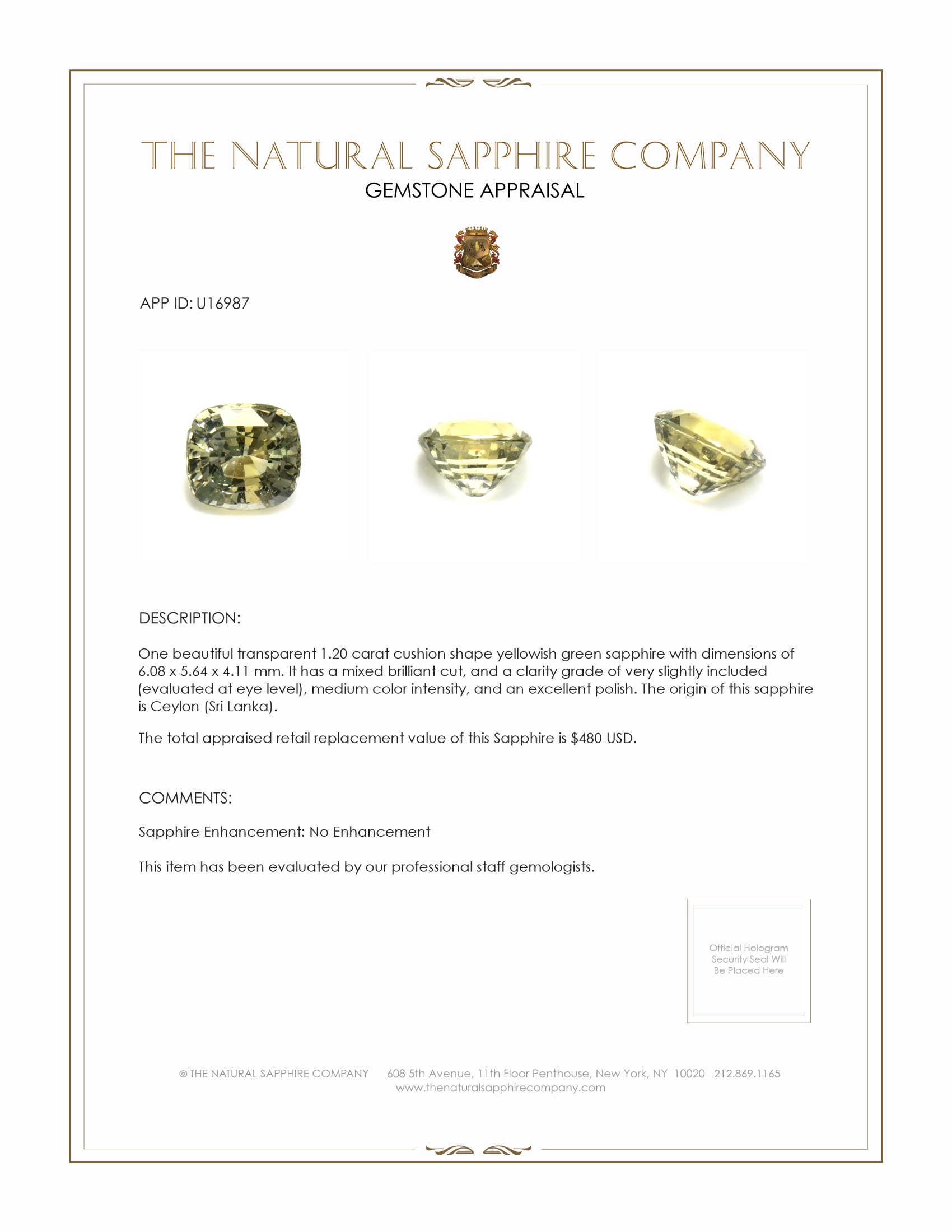 1.20 Ct. Yellowish Green Sapphire from Ceylon (Sri Lanka)