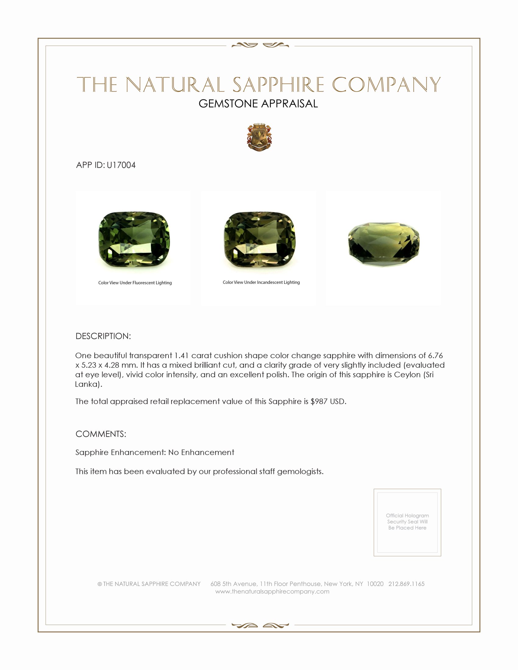 1.41 Ct. Color Change Sapphire from Ceylon (Sri Lanka)