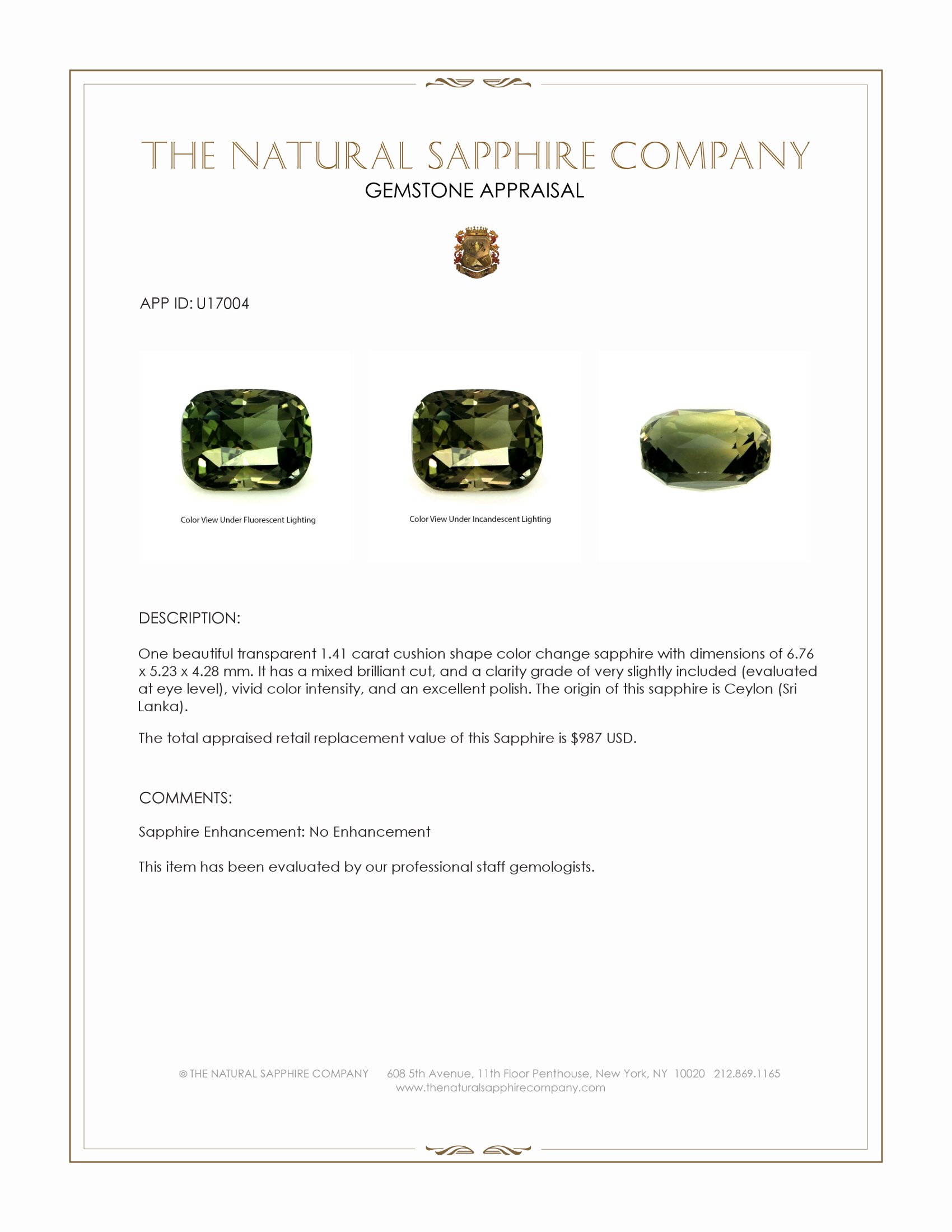 1.41 Ct. Color Change Sapphire from Ceylon (Sri Lanka)