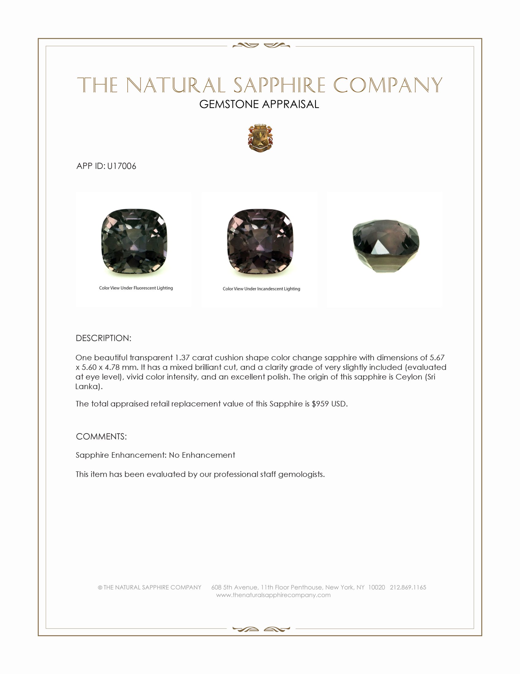 1.37 Ct. Color Change Sapphire from Ceylon (Sri Lanka)