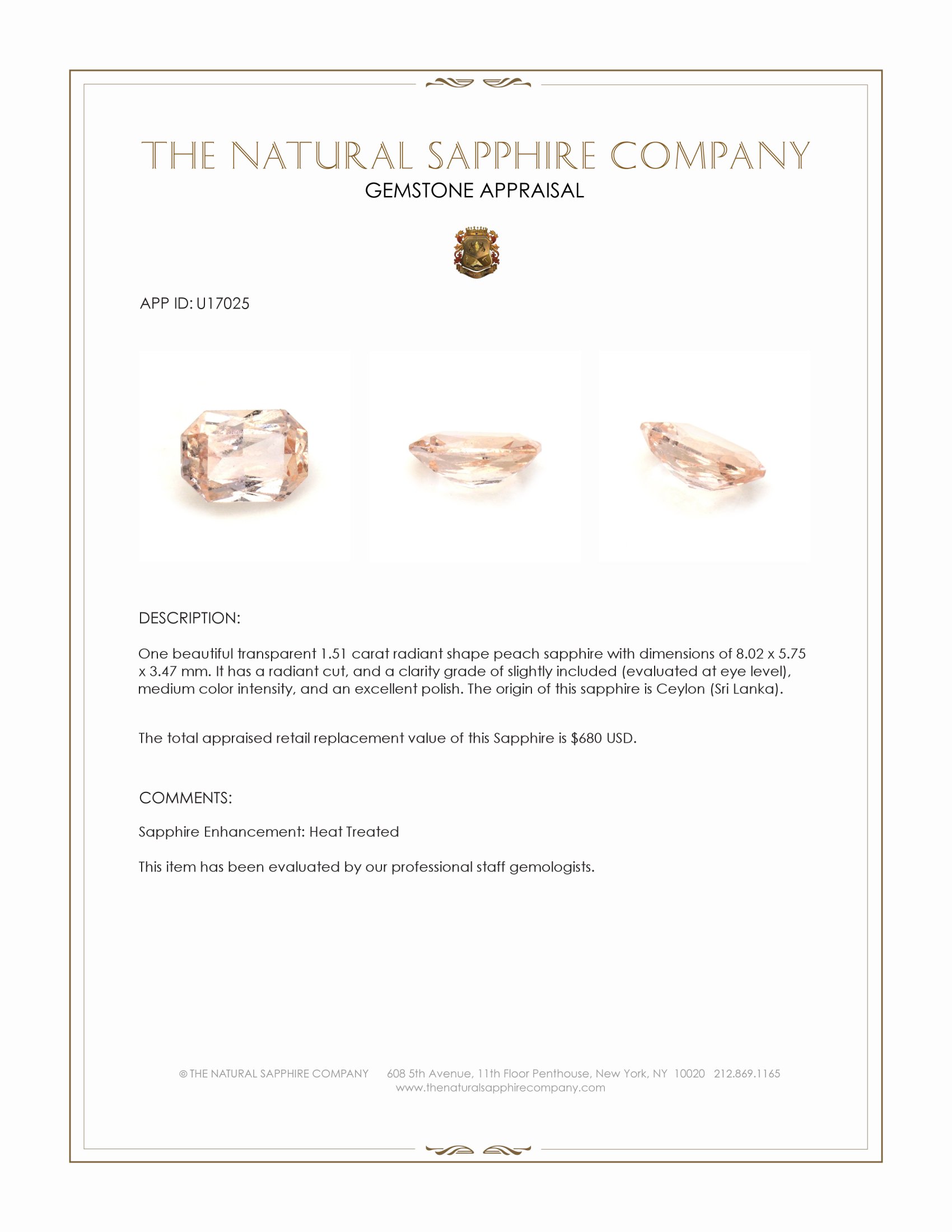 1.51 Ct. Peach Sapphire from Ceylon (Sri Lanka)