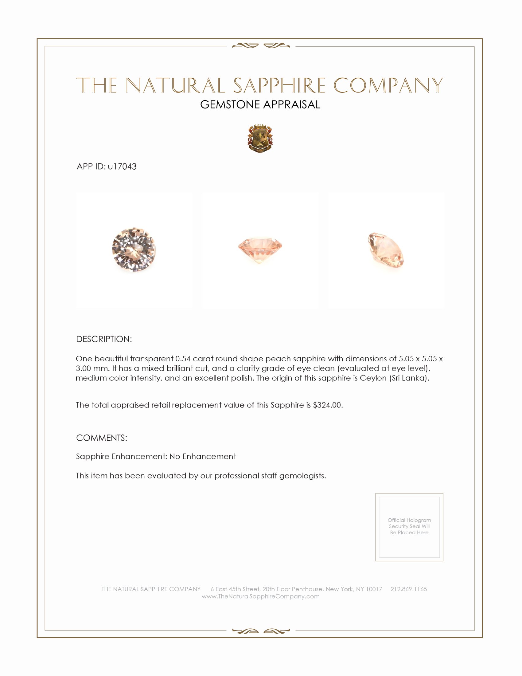 0.54 Ct. Peach Sapphire from Ceylon (Sri Lanka)