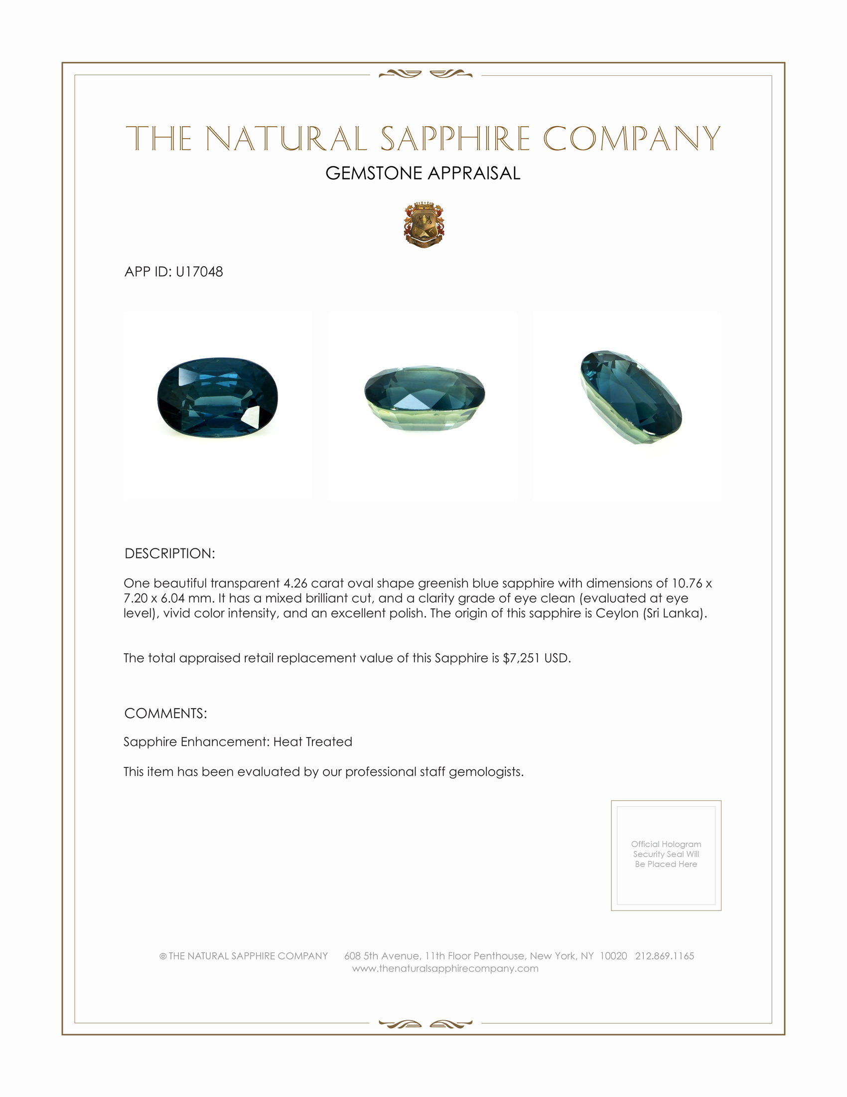 4.26 Ct. Greenish Blue Sapphire from Ceylon (Sri Lanka)