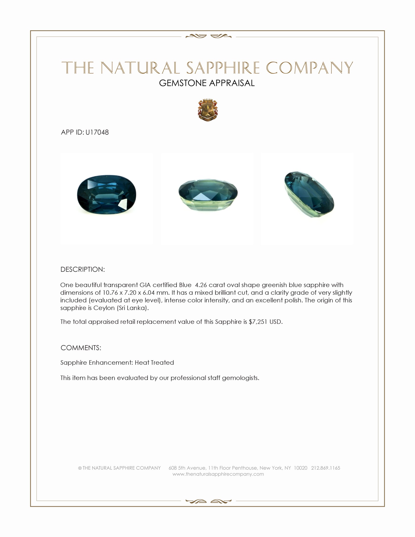 4.26 Ct. Greenish Blue Sapphire from Ceylon (Sri Lanka)