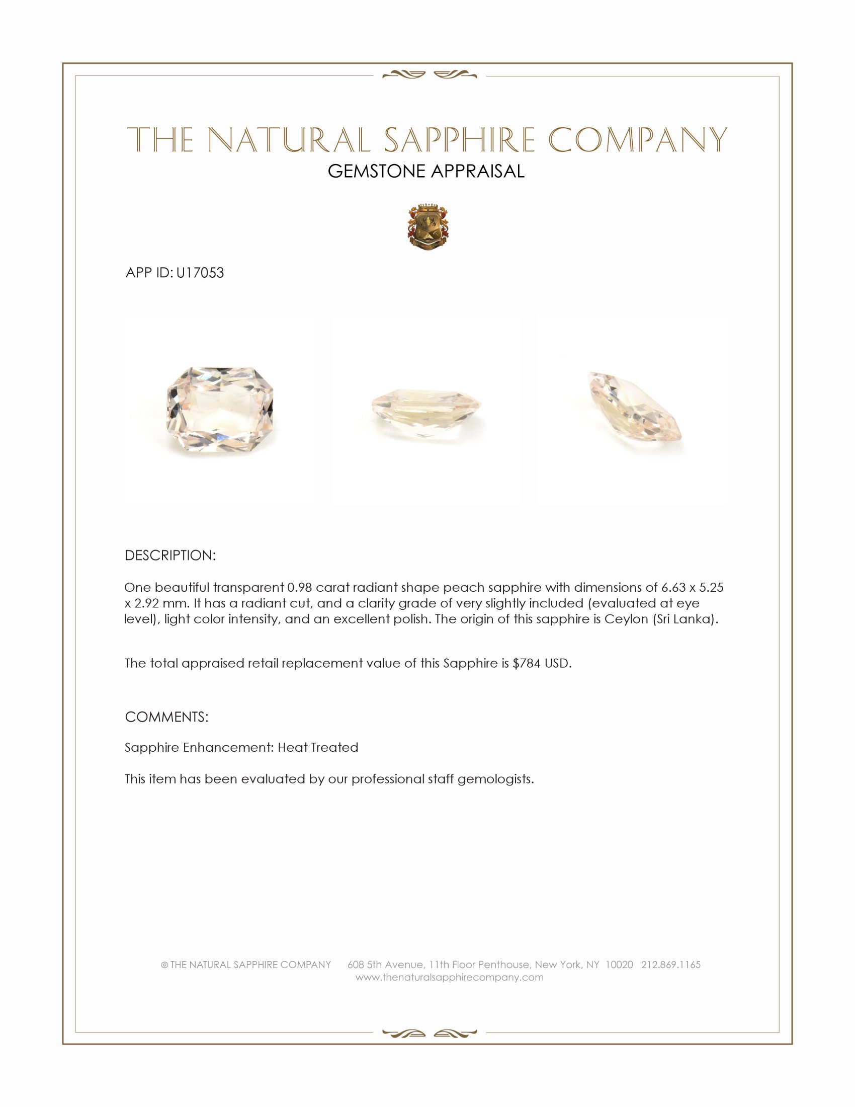0.98 Ct. Peach Sapphire from Ceylon (Sri Lanka)