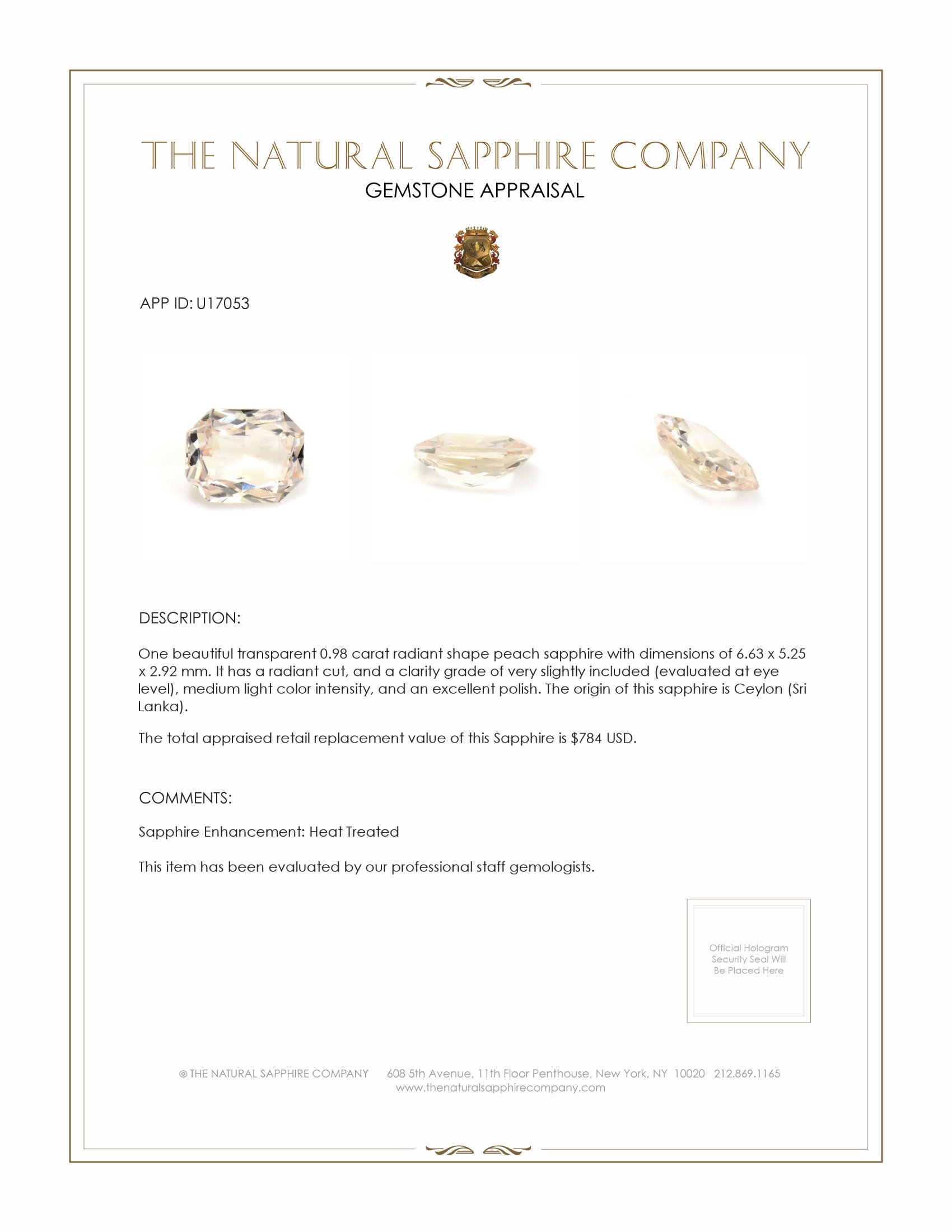 0.98 Ct. Peach Sapphire from Ceylon (Sri Lanka)