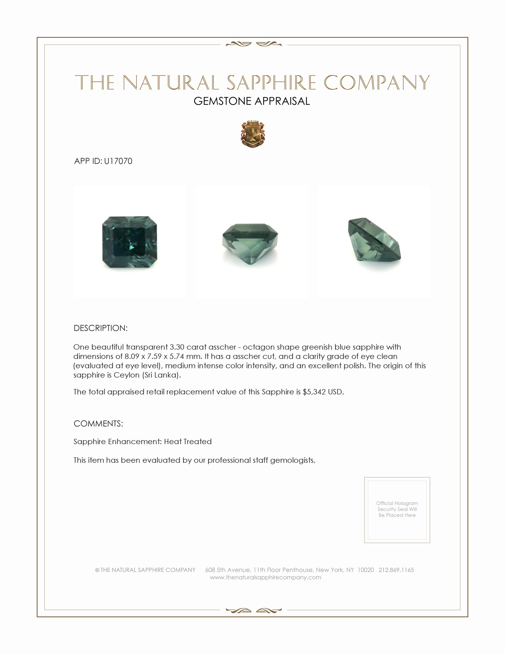 3.30 Ct. Greenish Blue Sapphire from Ceylon (Sri Lanka)