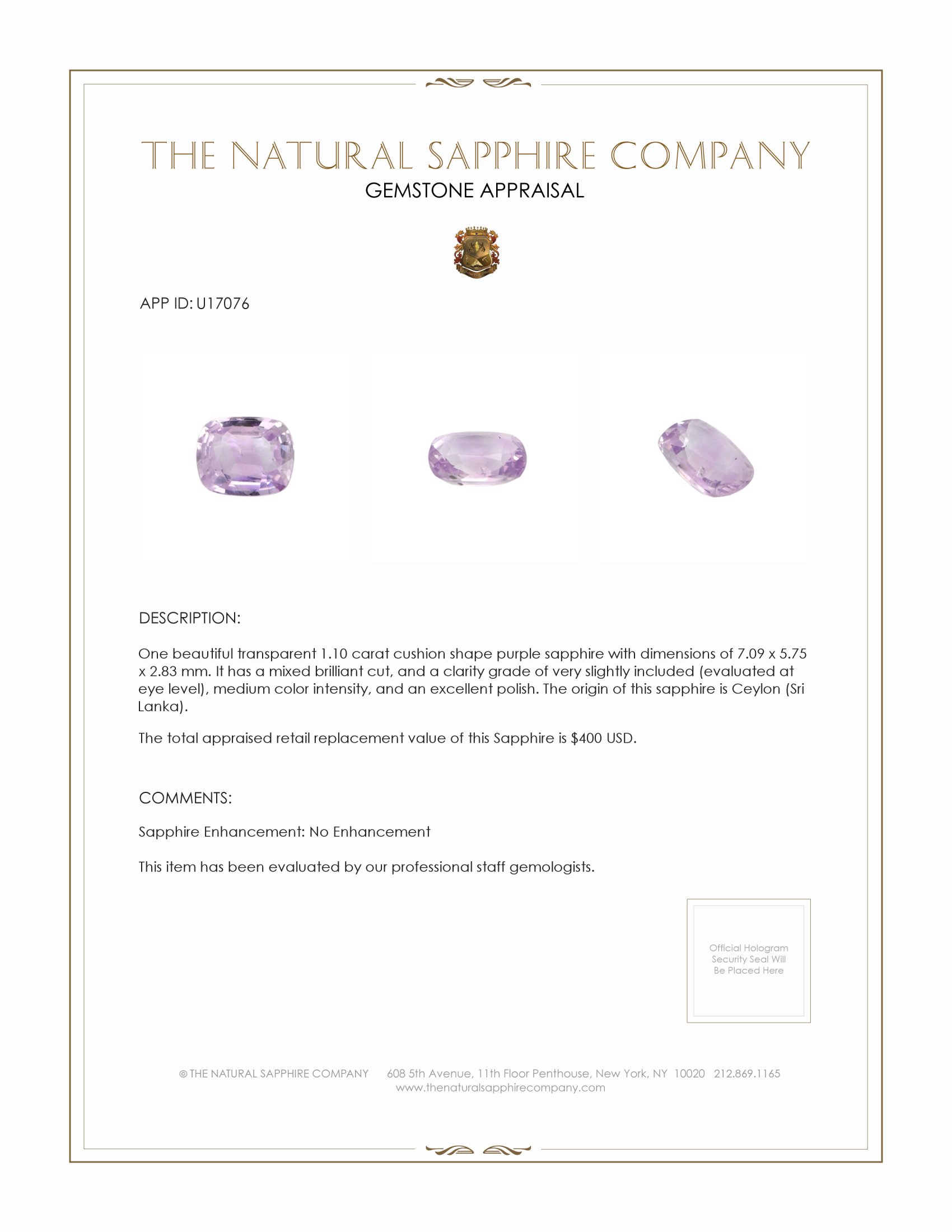 1.10 Ct. Purple Sapphire from Ceylon (Sri Lanka)