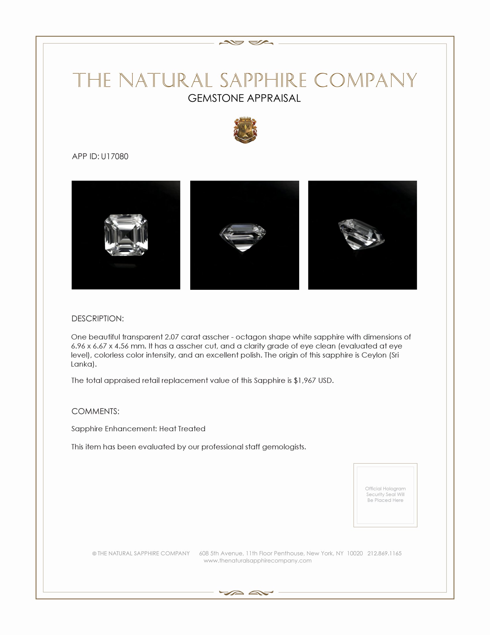 2.07 Ct. White Sapphire from Ceylon (Sri Lanka)
