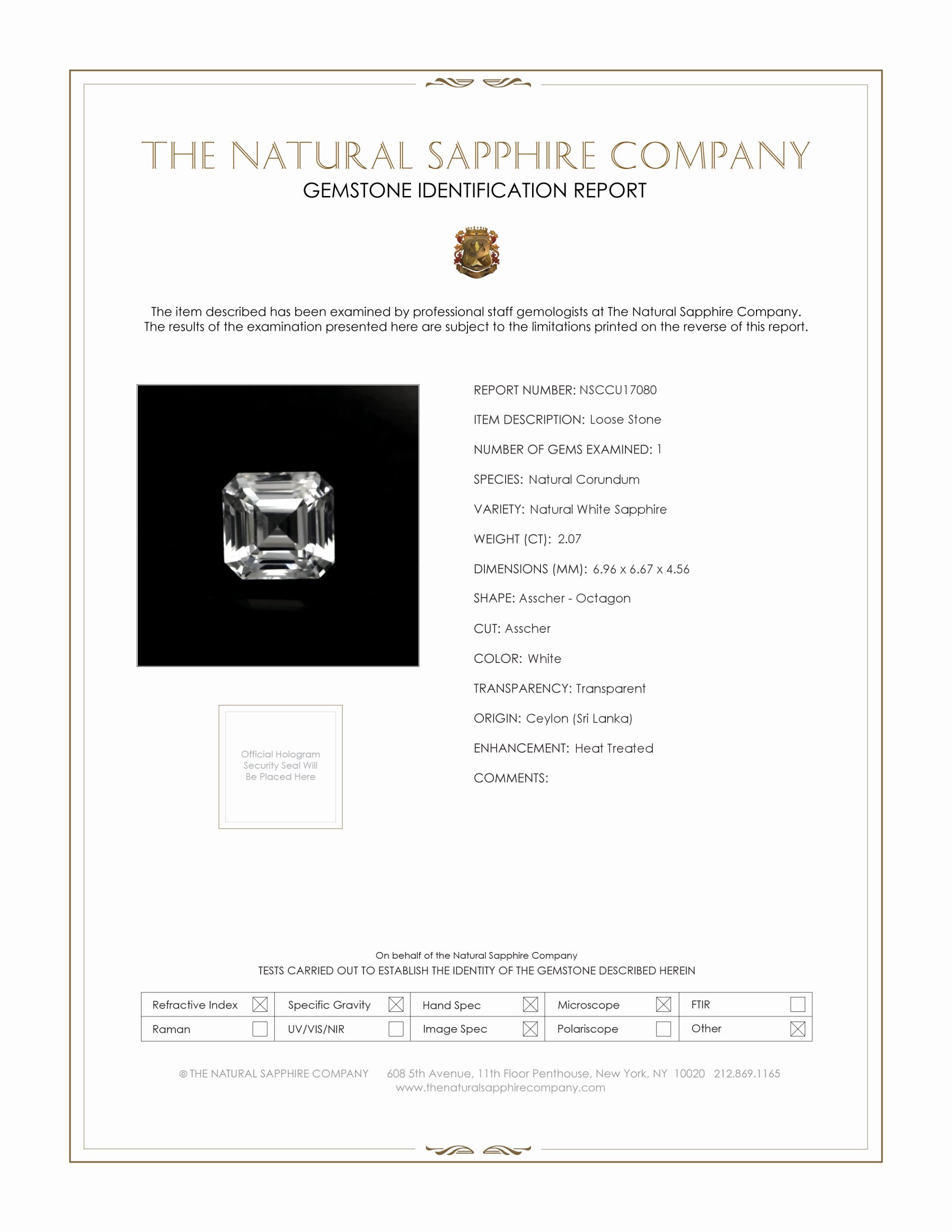2.07 Ct. White Sapphire from Ceylon (Sri Lanka)