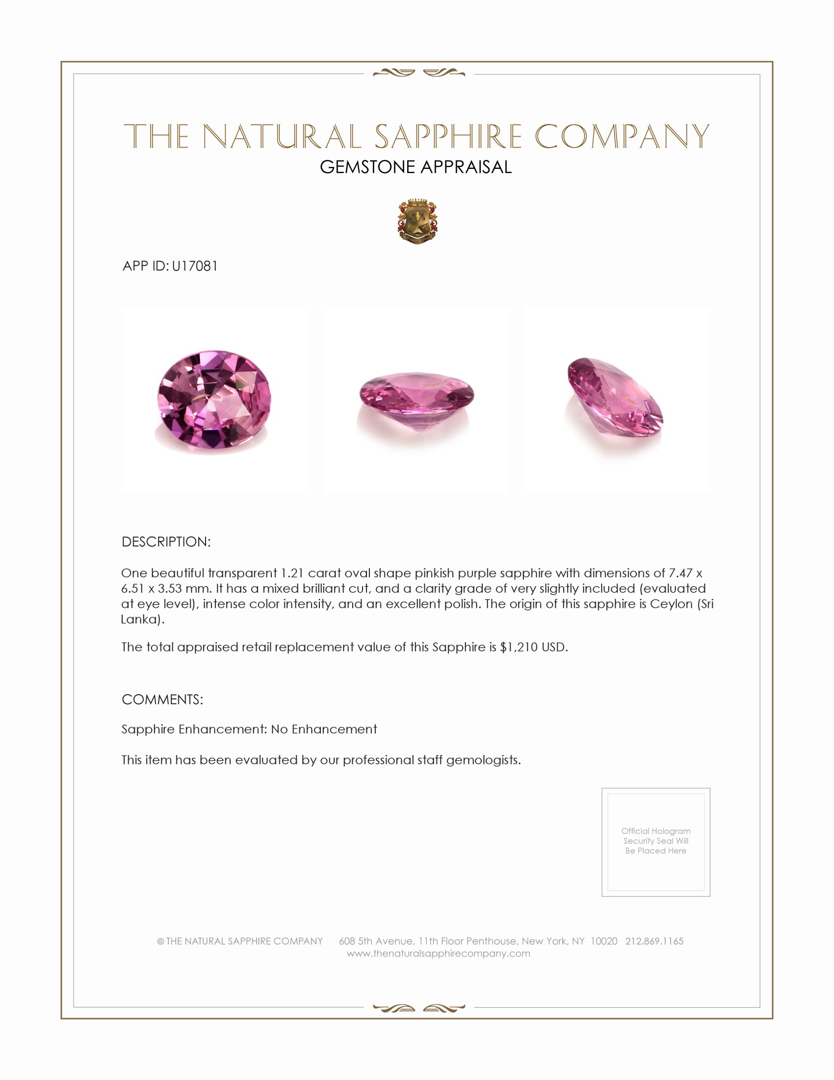 1.21 Ct. Pinkish Purple Sapphire from Ceylon (Sri Lanka)