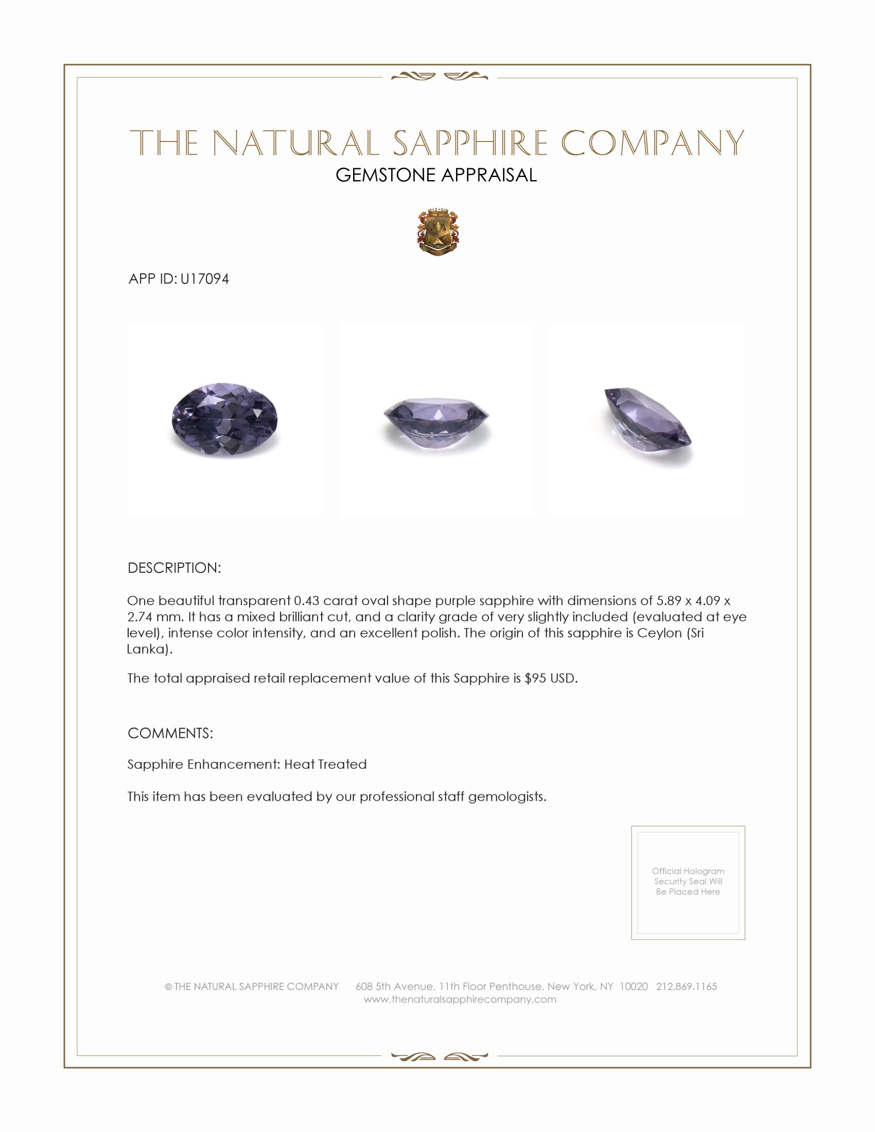 0.43 Ct. Purple Sapphire from Ceylon (Sri Lanka)