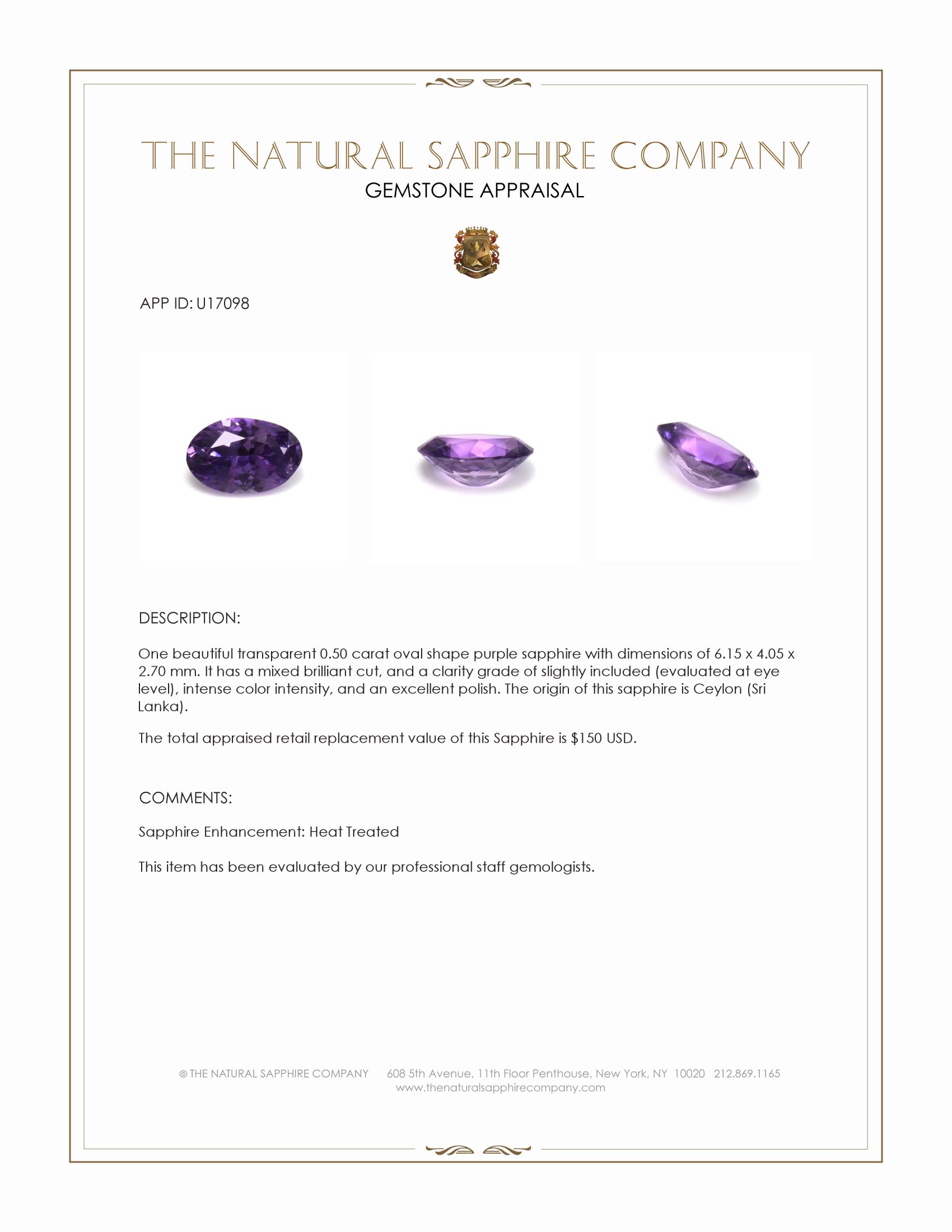 0.50 Ct. Purple Sapphire from Ceylon (Sri Lanka)