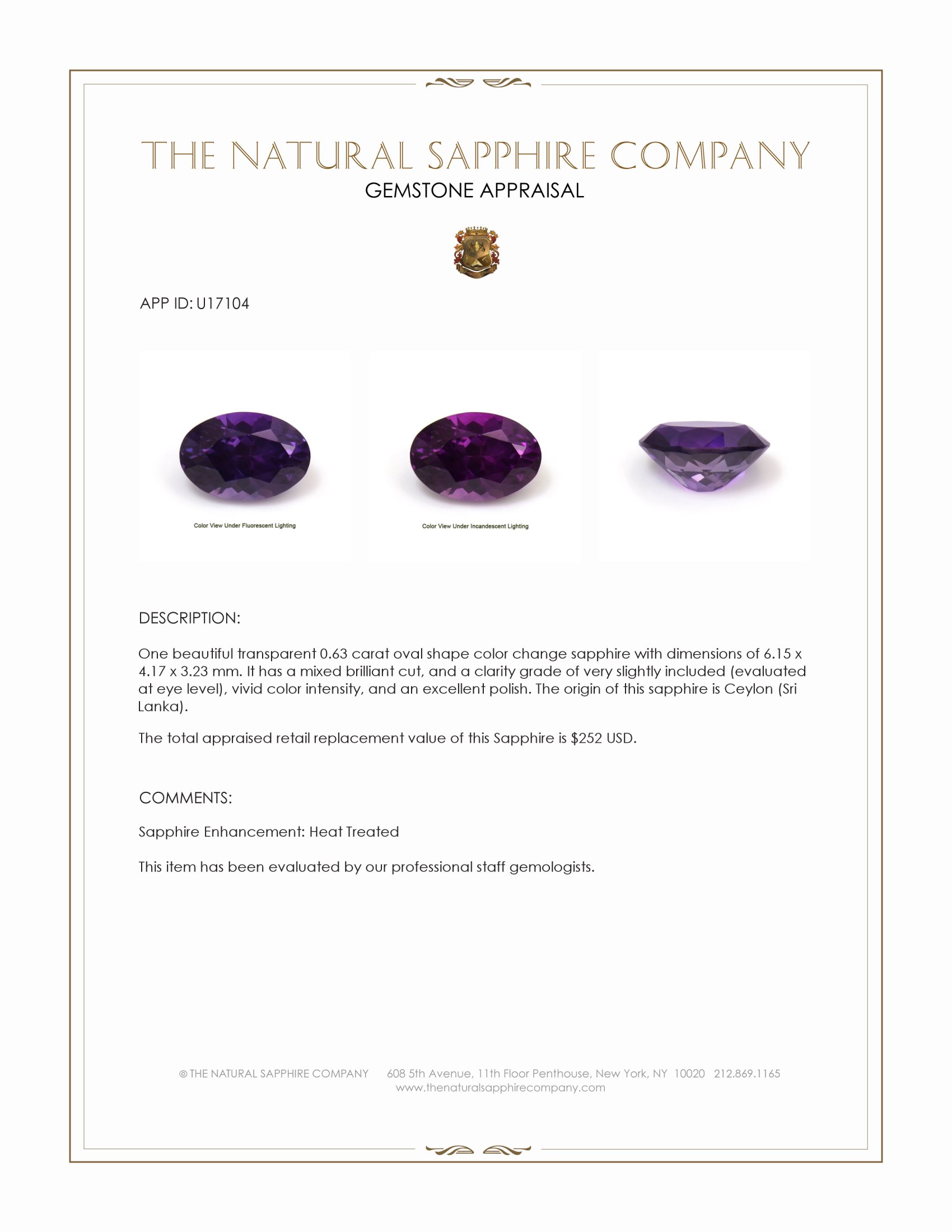 0.63 Ct. Color Change Sapphire from Ceylon (Sri Lanka)