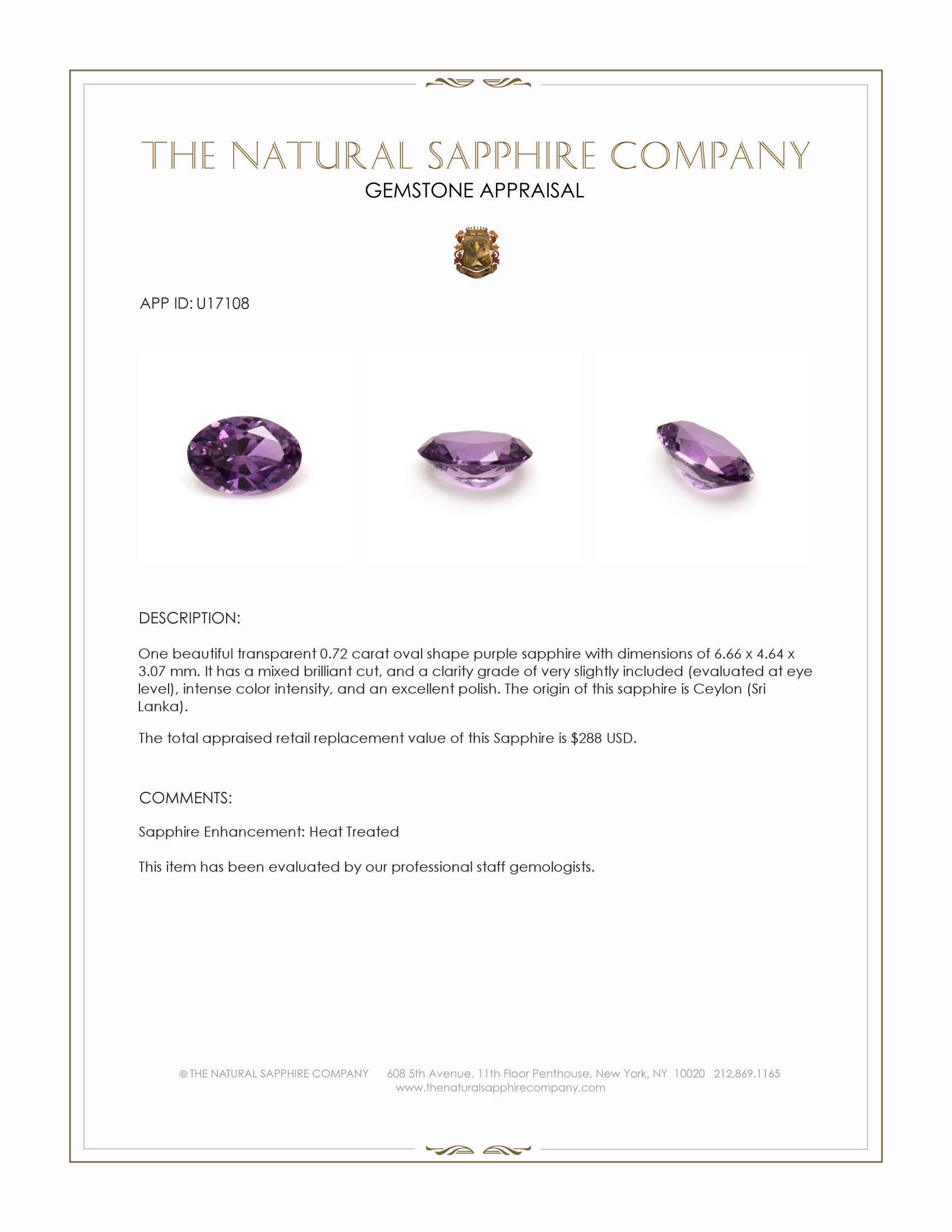0.72 Ct. Purple Sapphire from Ceylon (Sri Lanka)