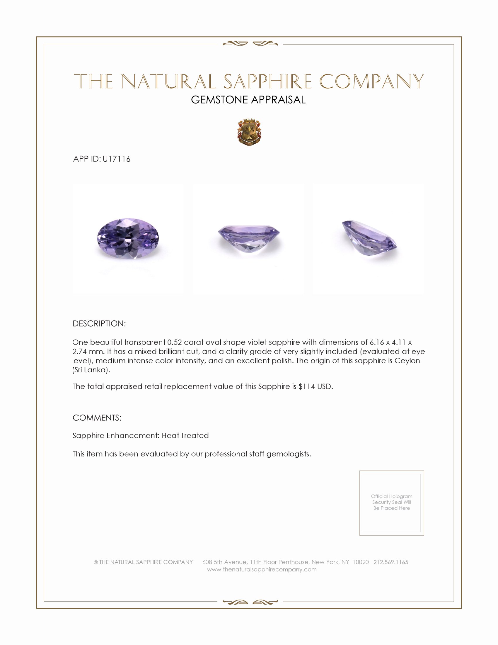 0.52 Ct. Violet Sapphire from Ceylon (Sri Lanka)