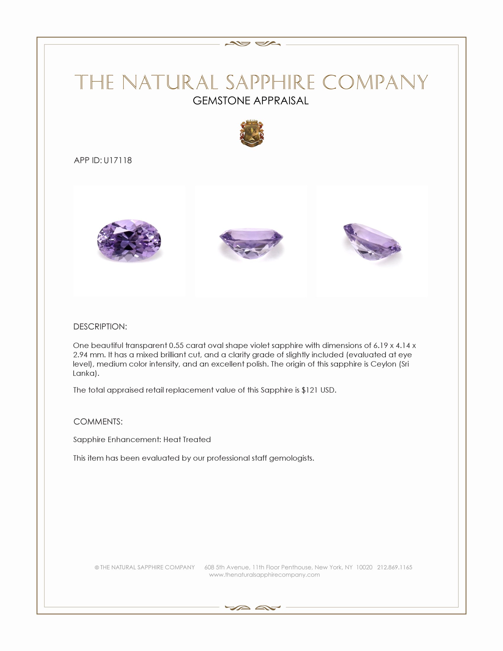 0.55 Ct. Violet Sapphire from Ceylon (Sri Lanka)