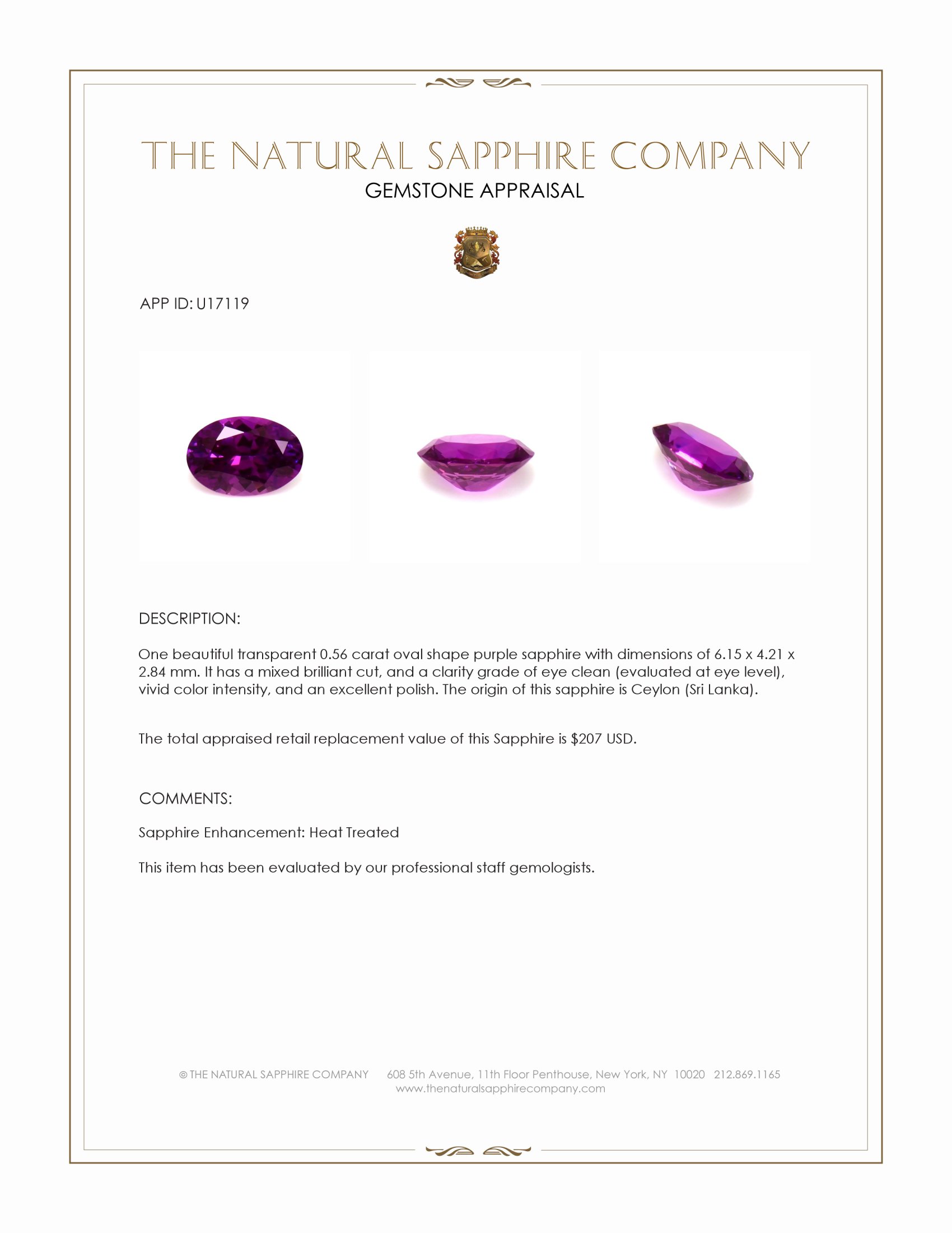 0.56 Ct. Purple Sapphire from Ceylon (Sri Lanka)