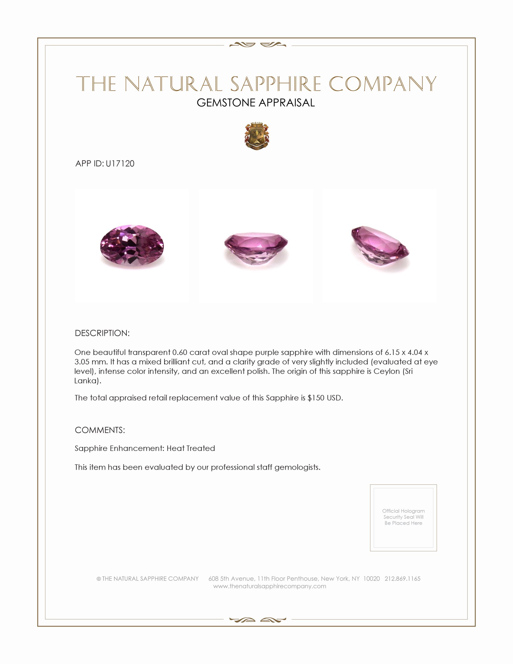 0.60 Ct. Purple Sapphire from Ceylon (Sri Lanka)