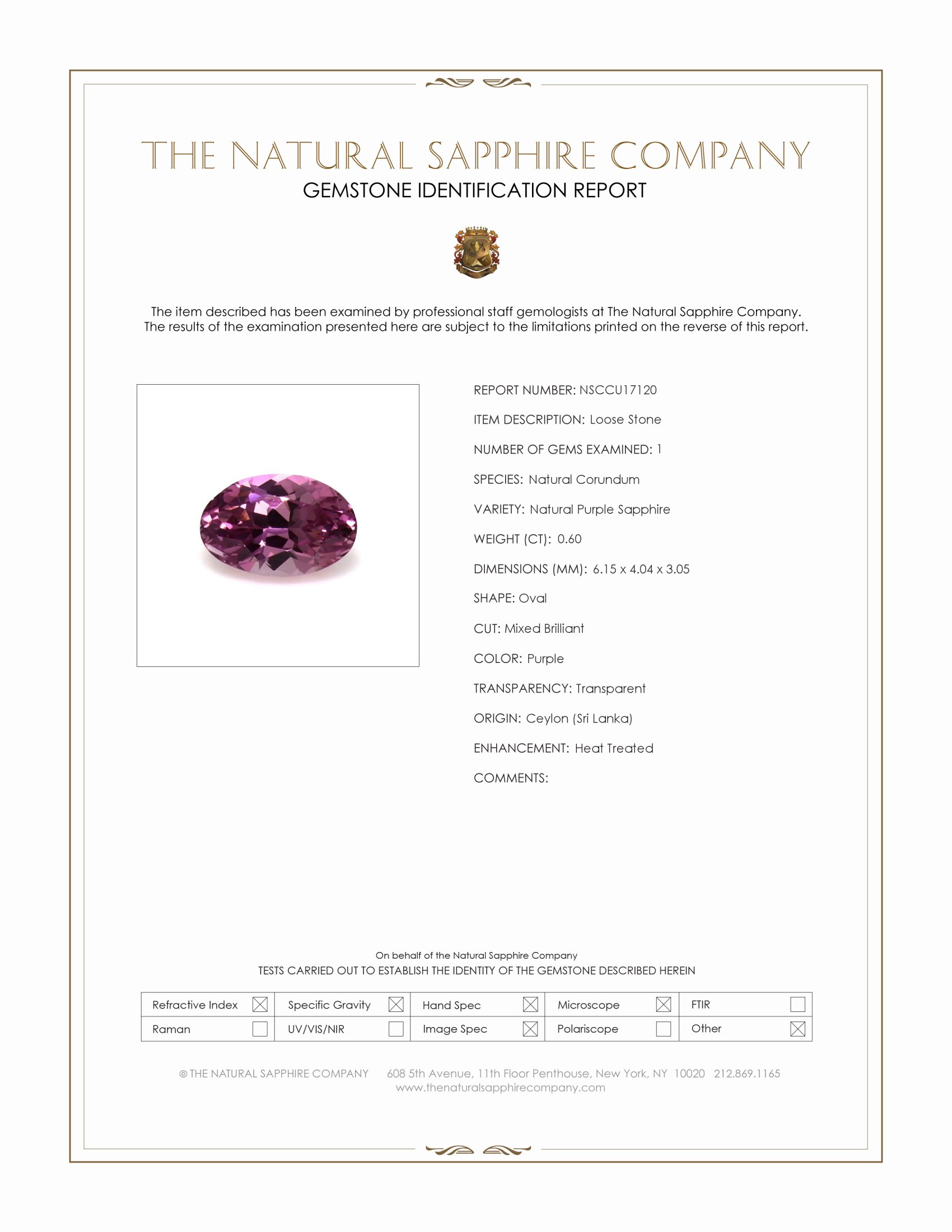 0.60 Ct. Purple Sapphire from Ceylon (Sri Lanka)