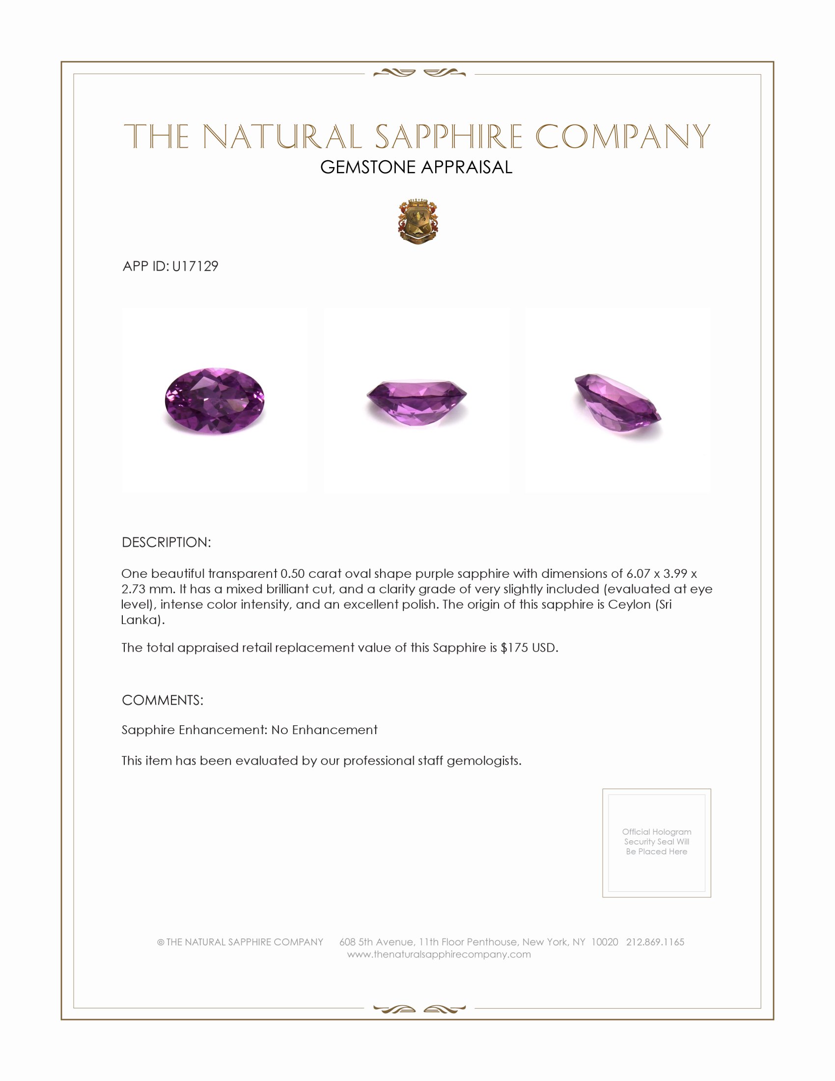 0.50 Ct. Purple Sapphire from Ceylon (Sri Lanka)