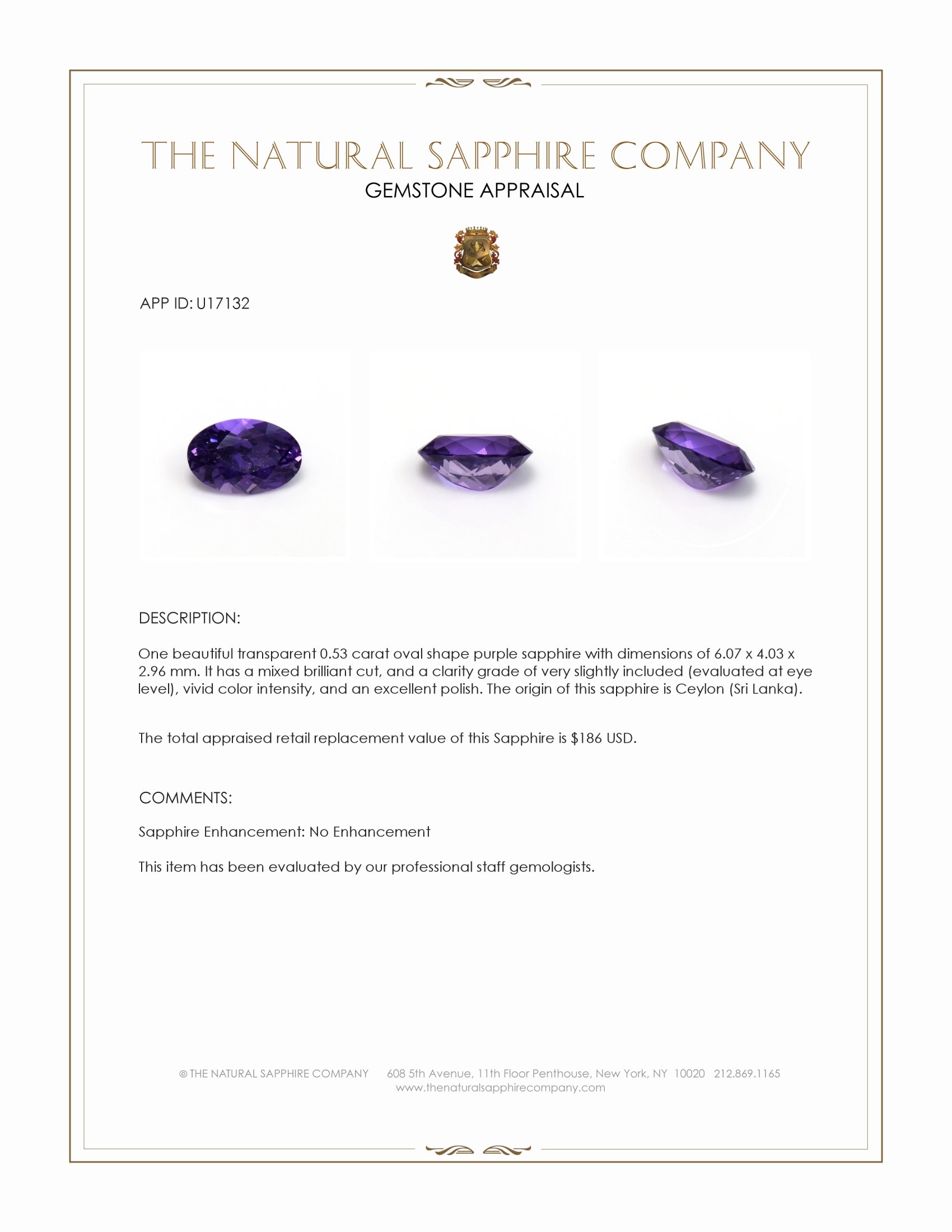 0.53 Ct. Purple Sapphire from Ceylon (Sri Lanka)