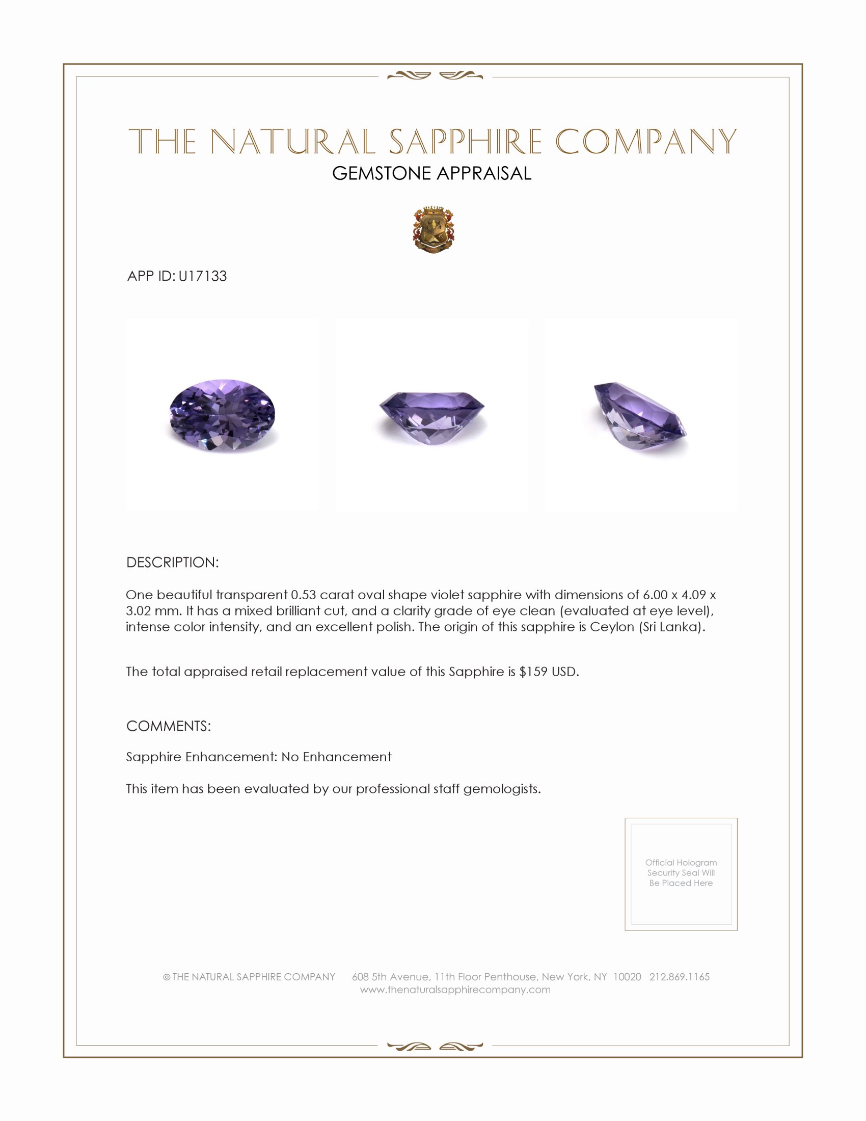 0.53 Ct. Violet Sapphire from Ceylon (Sri Lanka)