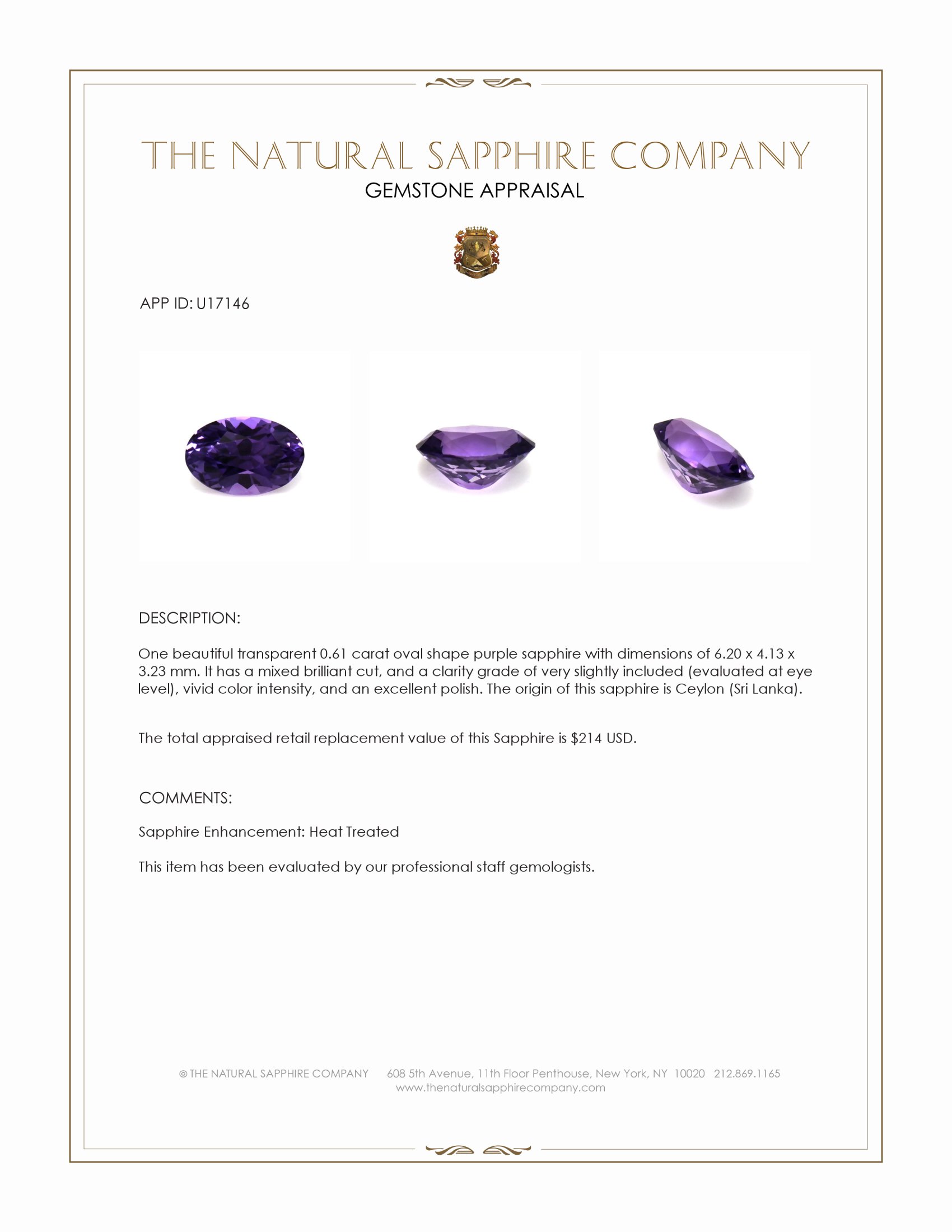 0.61 Ct. Purple Sapphire from Ceylon (Sri Lanka)