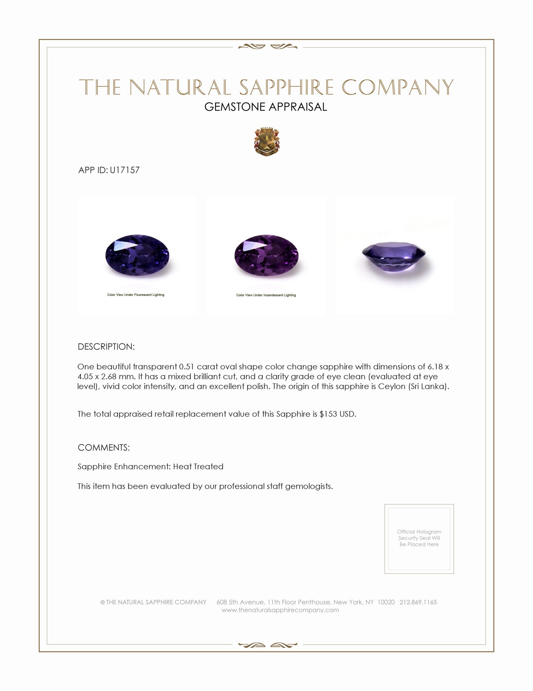 0.51 Ct. Color Change Sapphire from Ceylon (Sri Lanka)