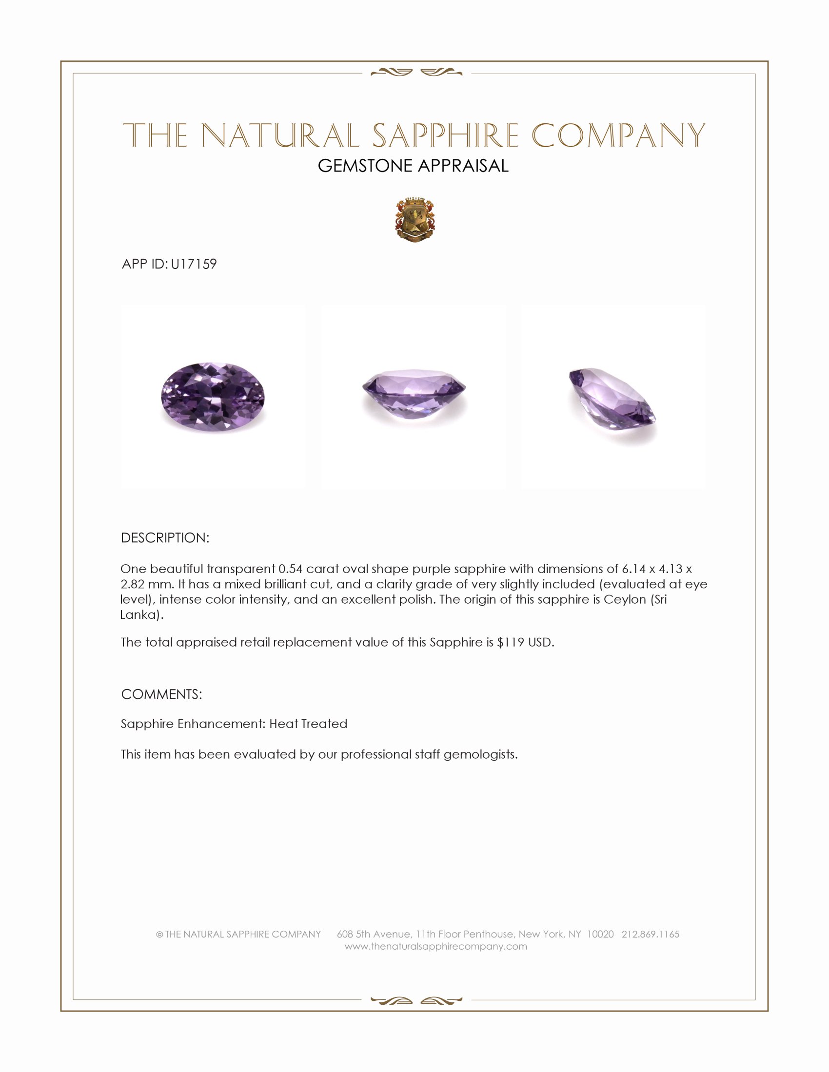 0.54 Ct. Purple Sapphire from Ceylon (Sri Lanka)