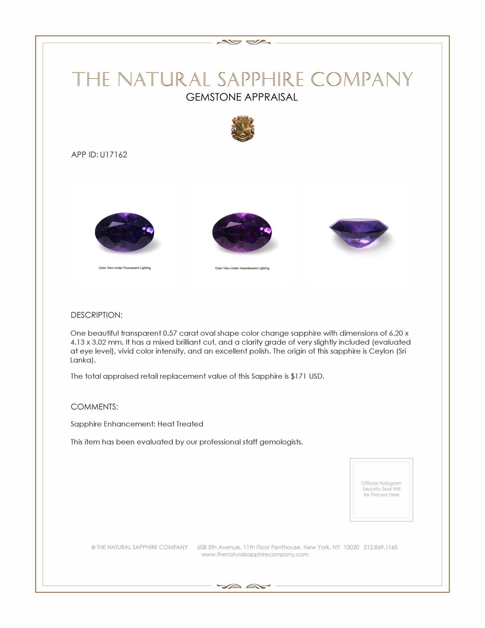 0.57 Ct. Color Change Sapphire from Ceylon (Sri Lanka)